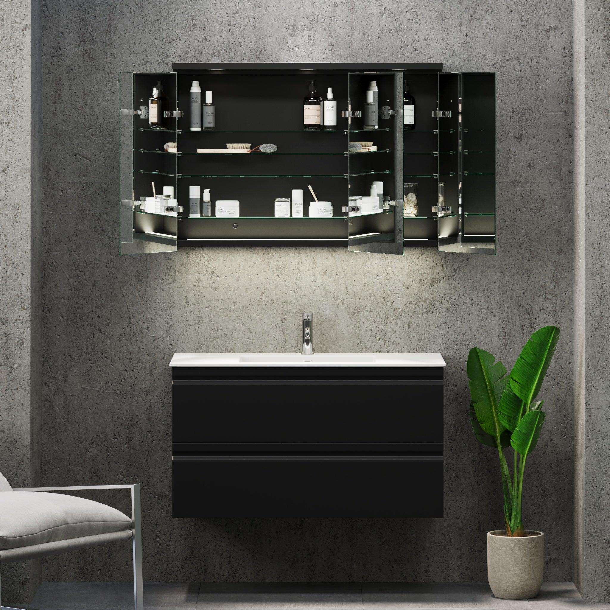 Fjäll LED Mirror Cabinet with Round Top Panel, matt black