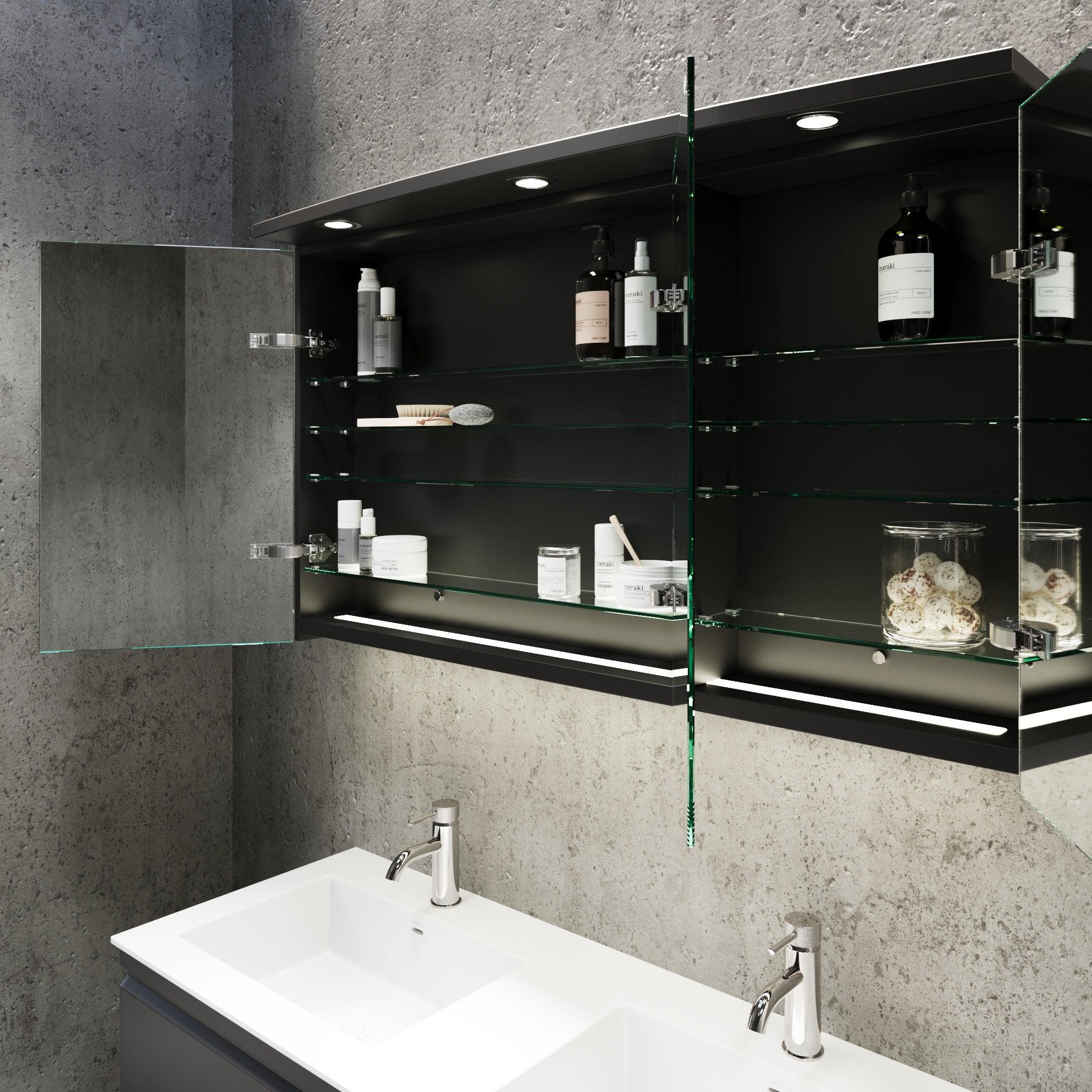 Fjäll LED Mirror Cabinet with Round Top Panel, matt black