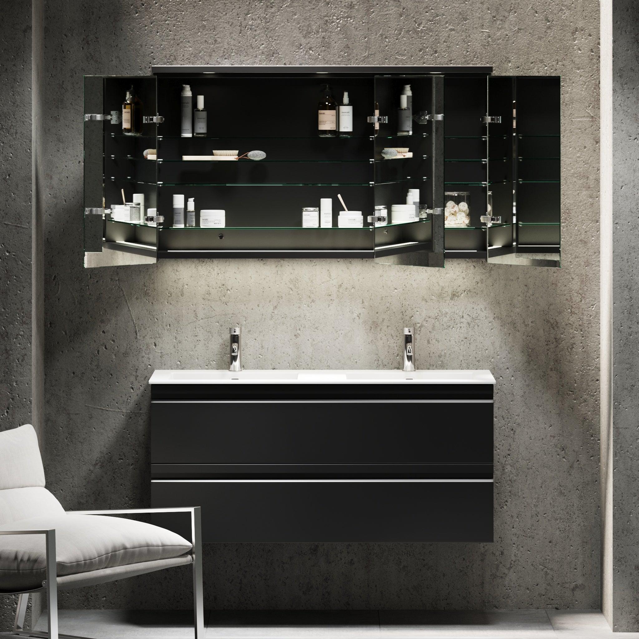 Fjäll LED Mirror Cabinet with Round Top Panel, matt black