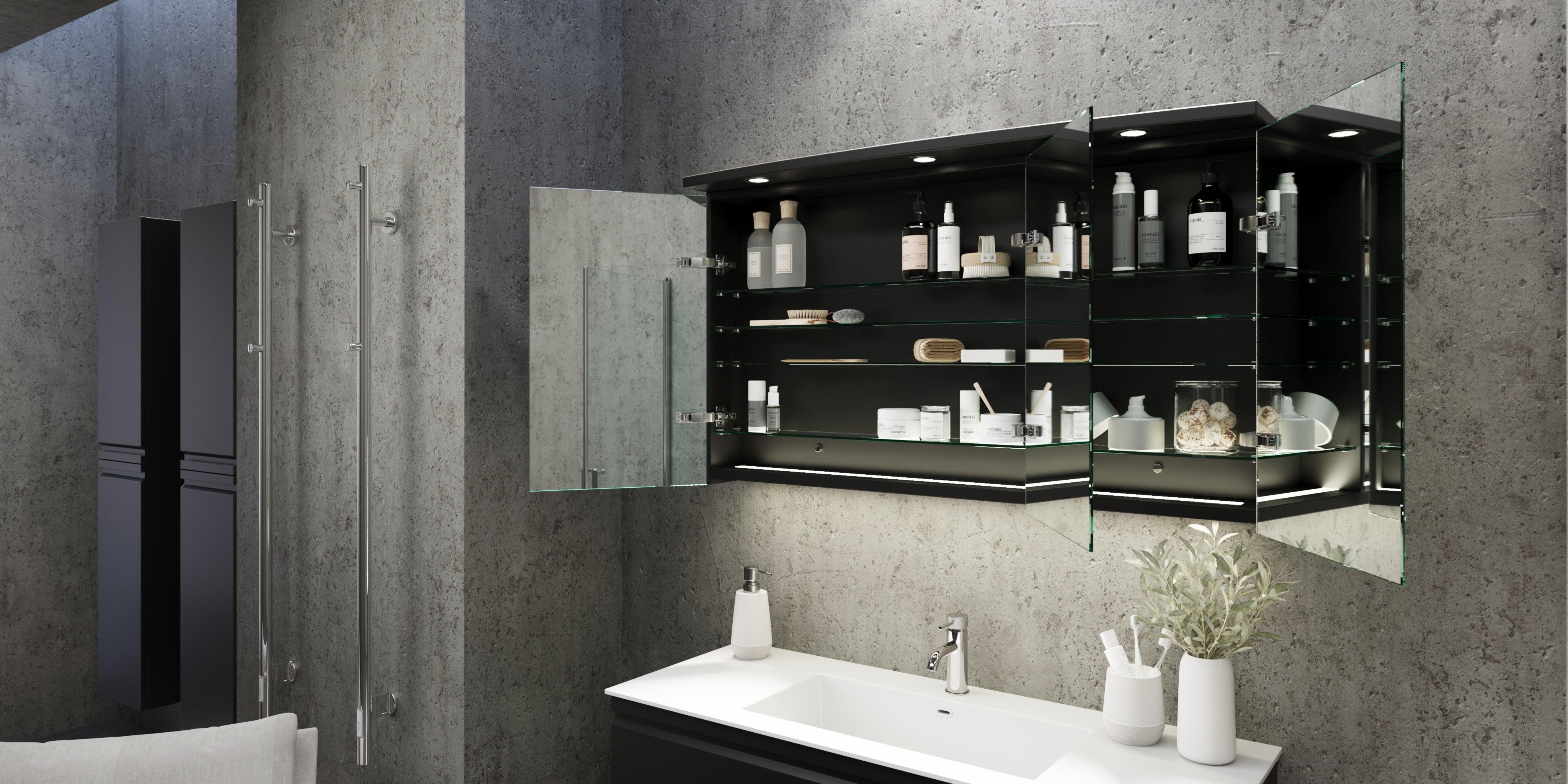 Fjäll LED Mirror Cabinet with Round Top Panel, matt black