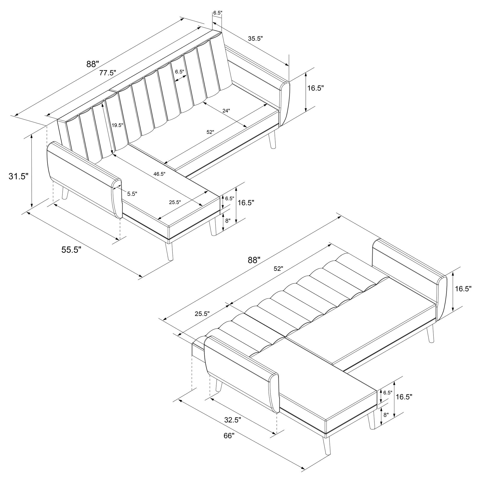 Brittany 3 Seater Sofa Bed with Chaise, Light Grey - MASTERSTORE - - Sovesofaer - 2275429N -