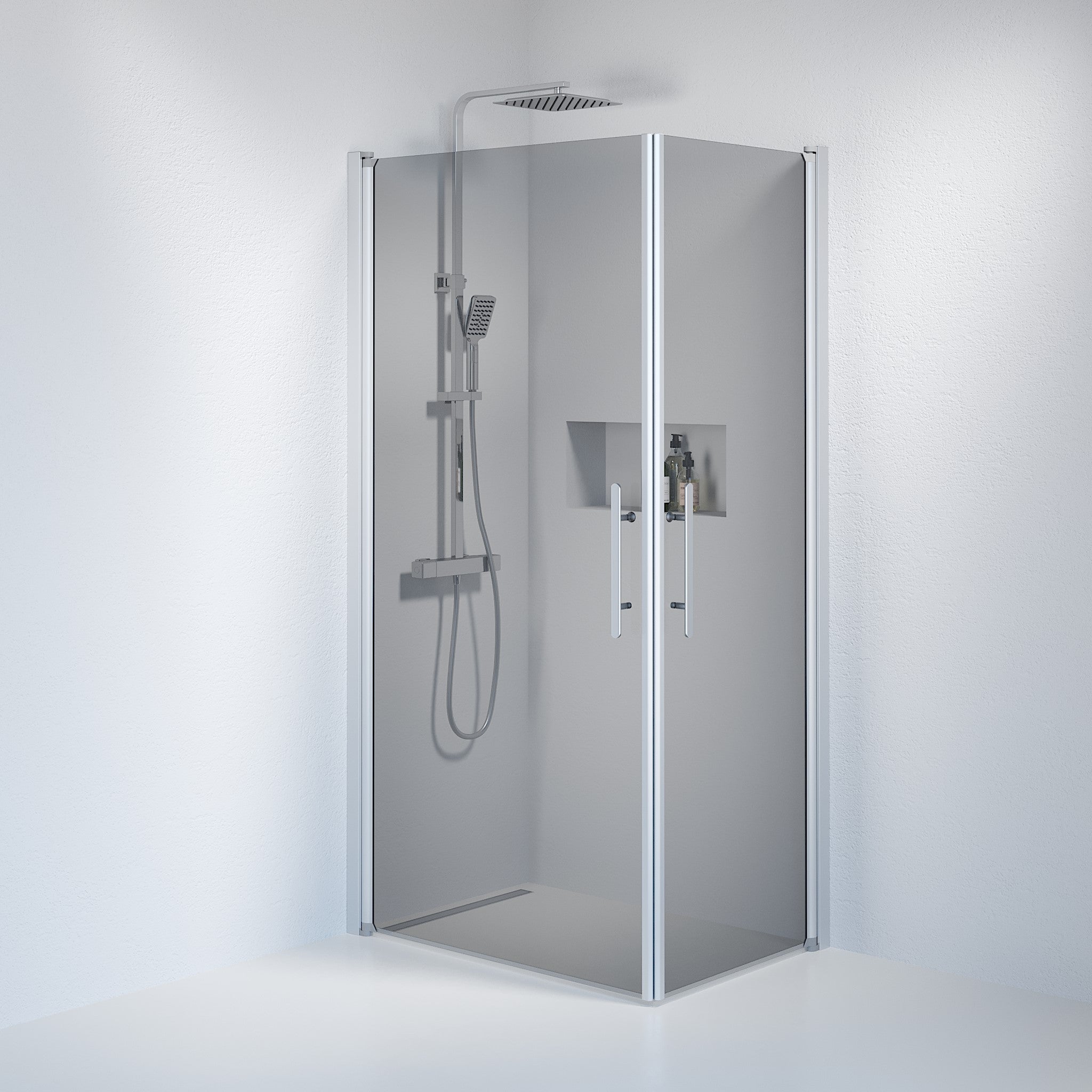 Vänern Duschvägg, fyrkantig, borstad aluminiumprofil, mörktonat glas