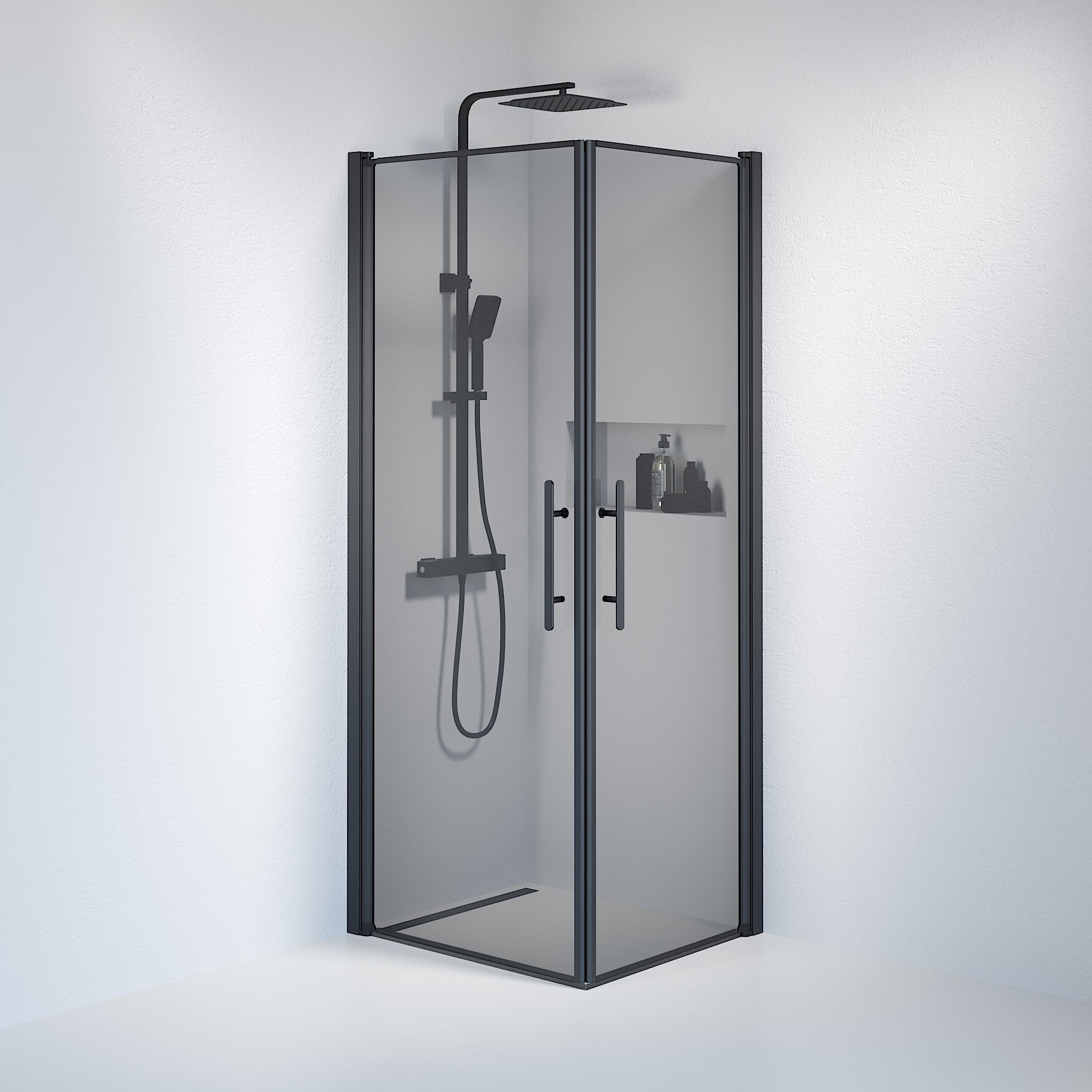 Vänern Duschvägg, fyrkantig, mörktonat glas, svart profil