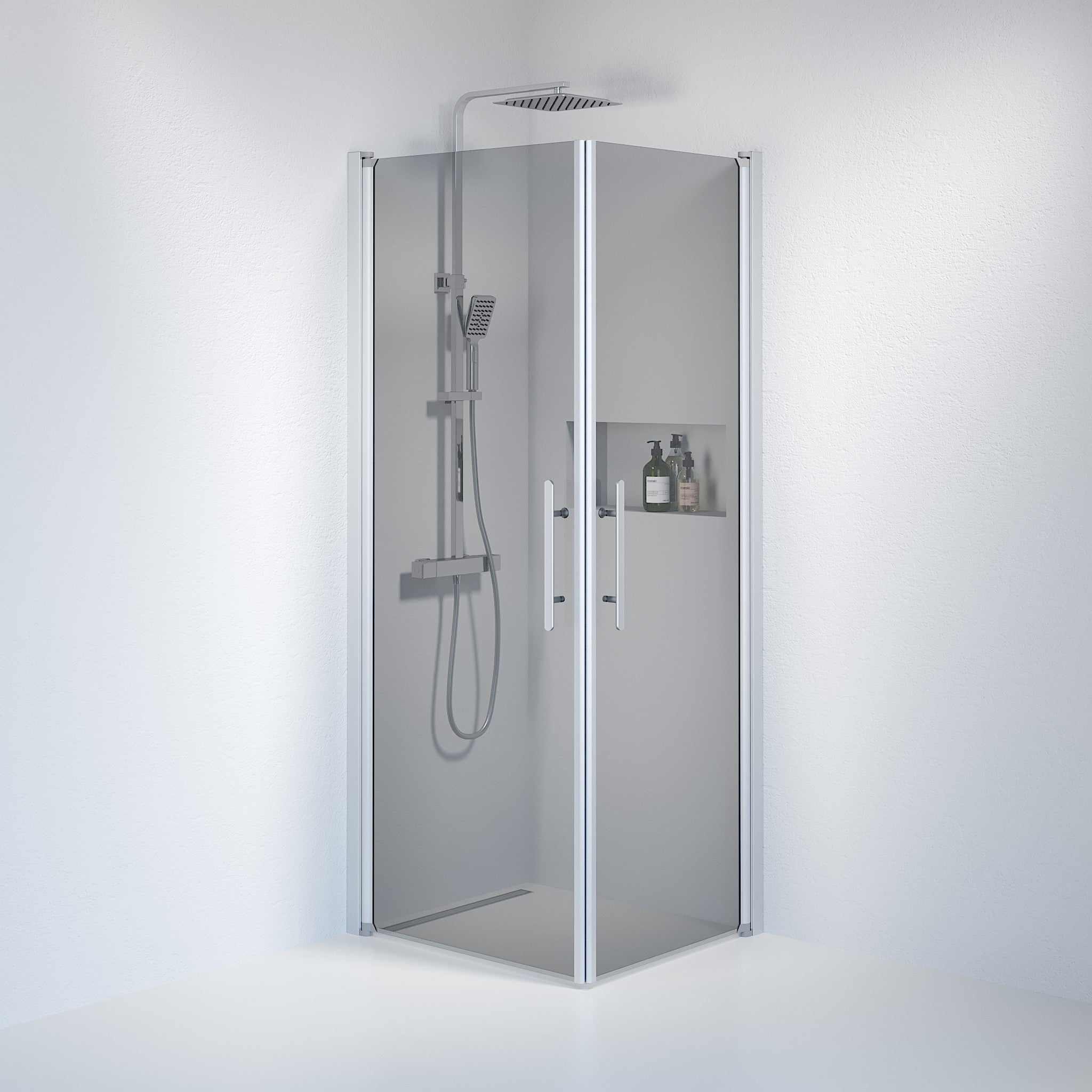 Vänern Duschvägg, fyrkantig, borstad aluminiumprofil, mörktonat glas