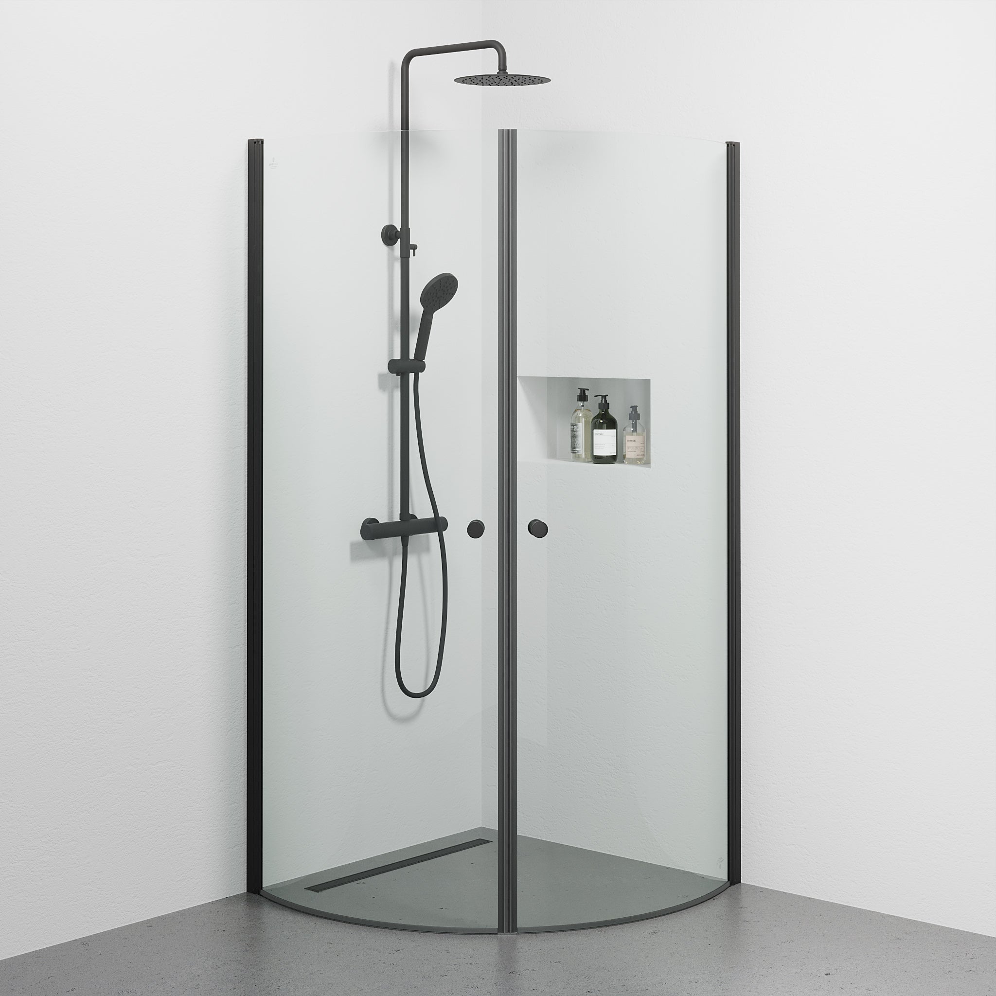 Tulsa duschvägg, rund, svart profil, klart glas