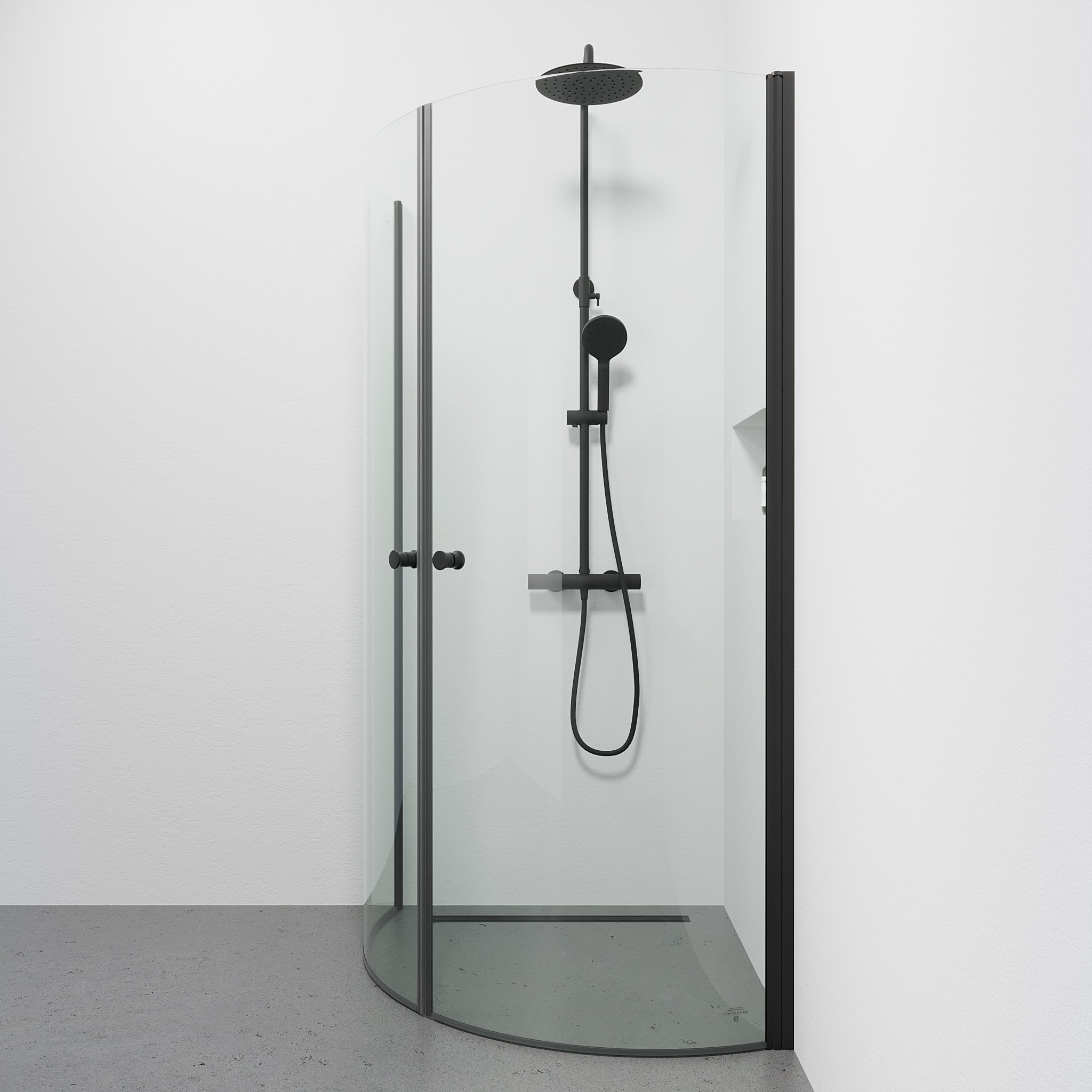 Tulsa duschvägg, rund, svart profil, klart glas