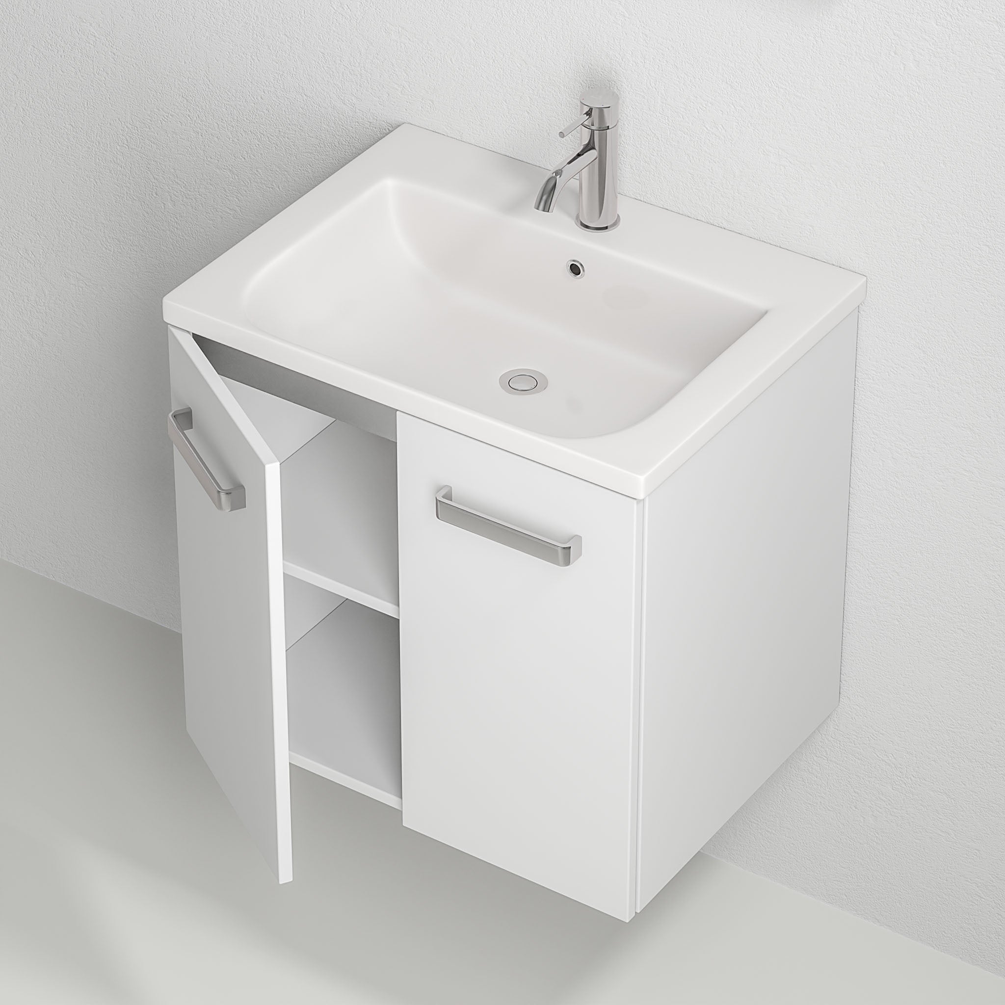 Bathroom furniture with two doors - 60x46x57 cm - white mat - ceramic basin - Nord