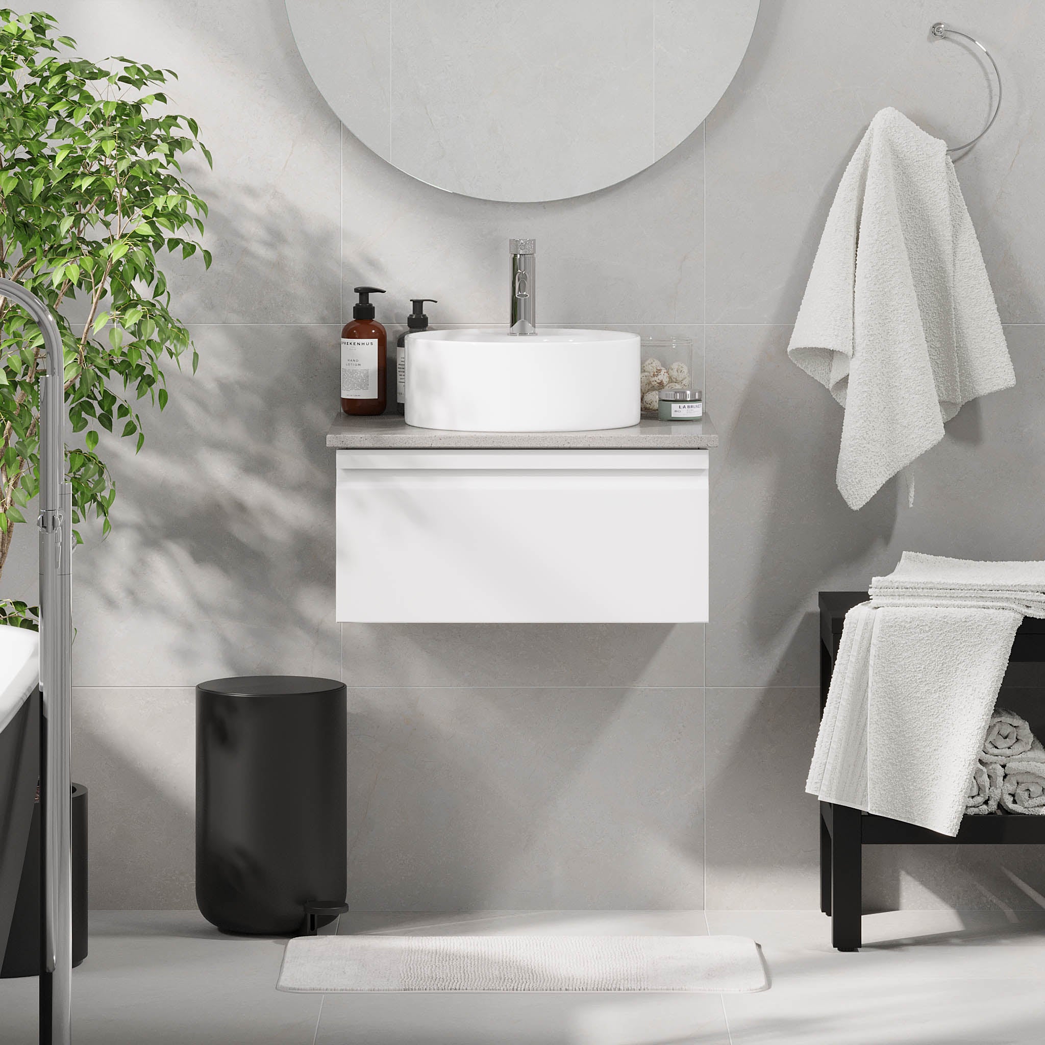 Mirage Badrumsmöbler med grå bänkskiva, Mattvit