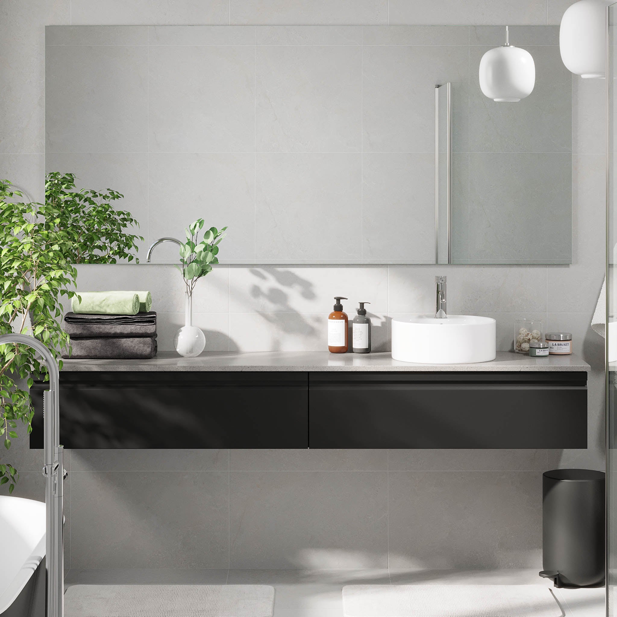 Mirage Badrumsmöbler med grå bänkskiva, Mattsvart