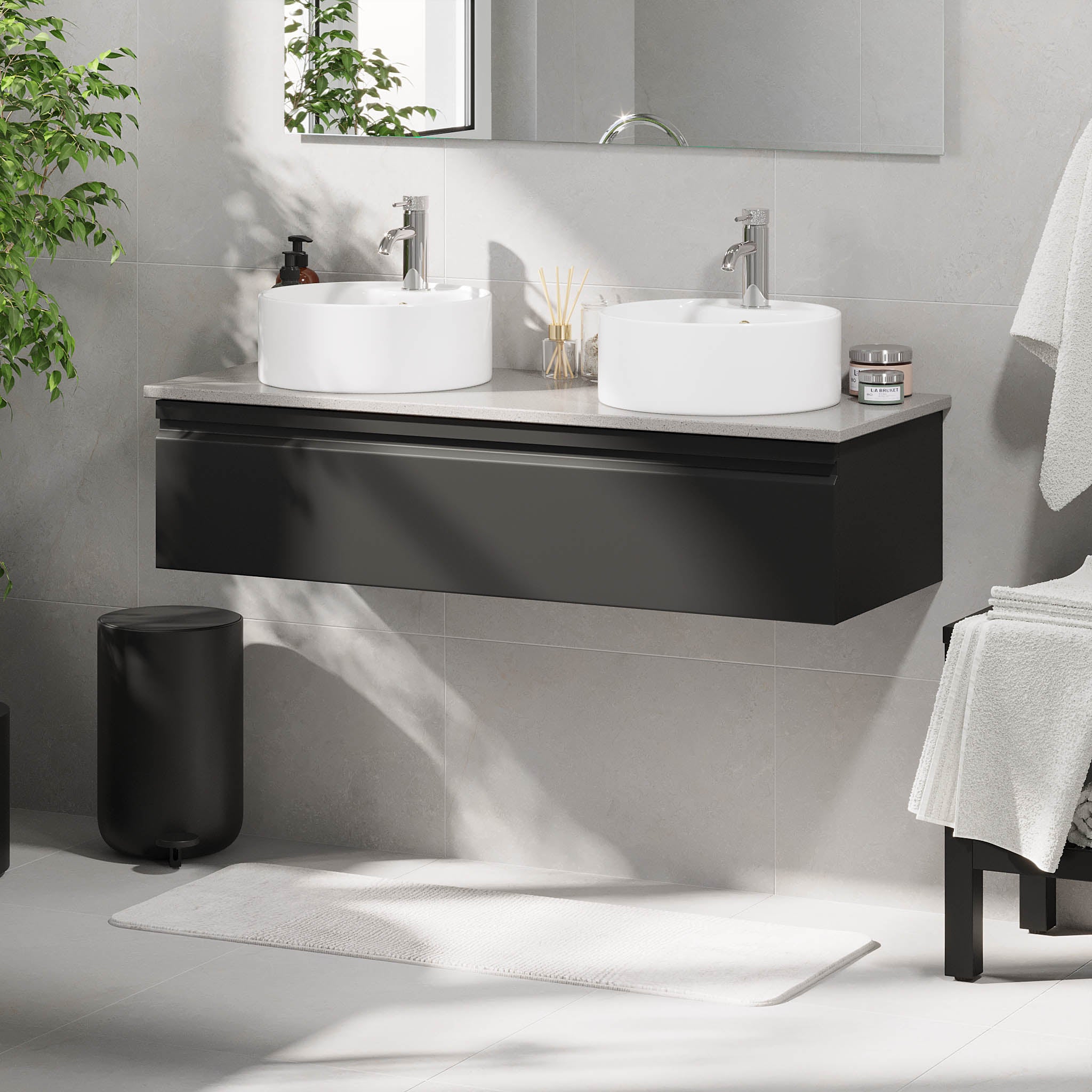 Mirage Badrumsmöbler med grå bänkskiva, Mattsvart