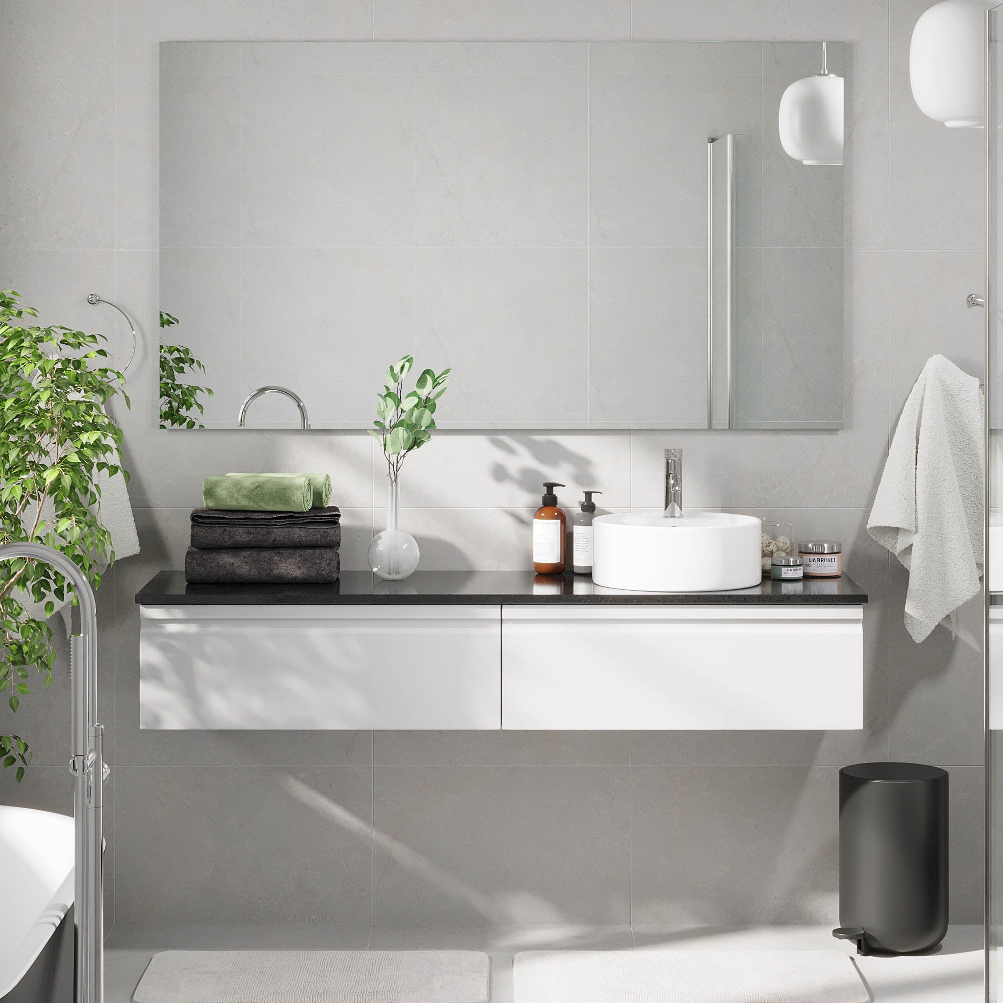 Mirage Badrumsmöbler med svart bänkskiva, Mattvit