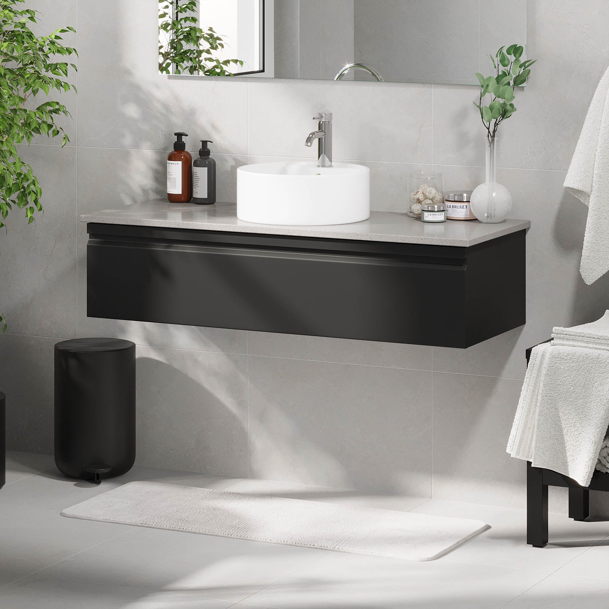 Mirage Badrumsmöbler med grå bänkskiva, Mattsvart