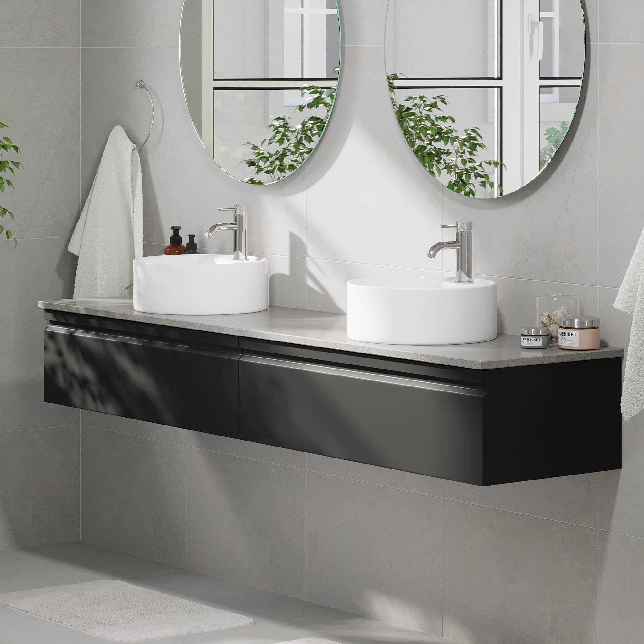Mirage Badrumsmöbler med grå bänkskiva, Mattsvart