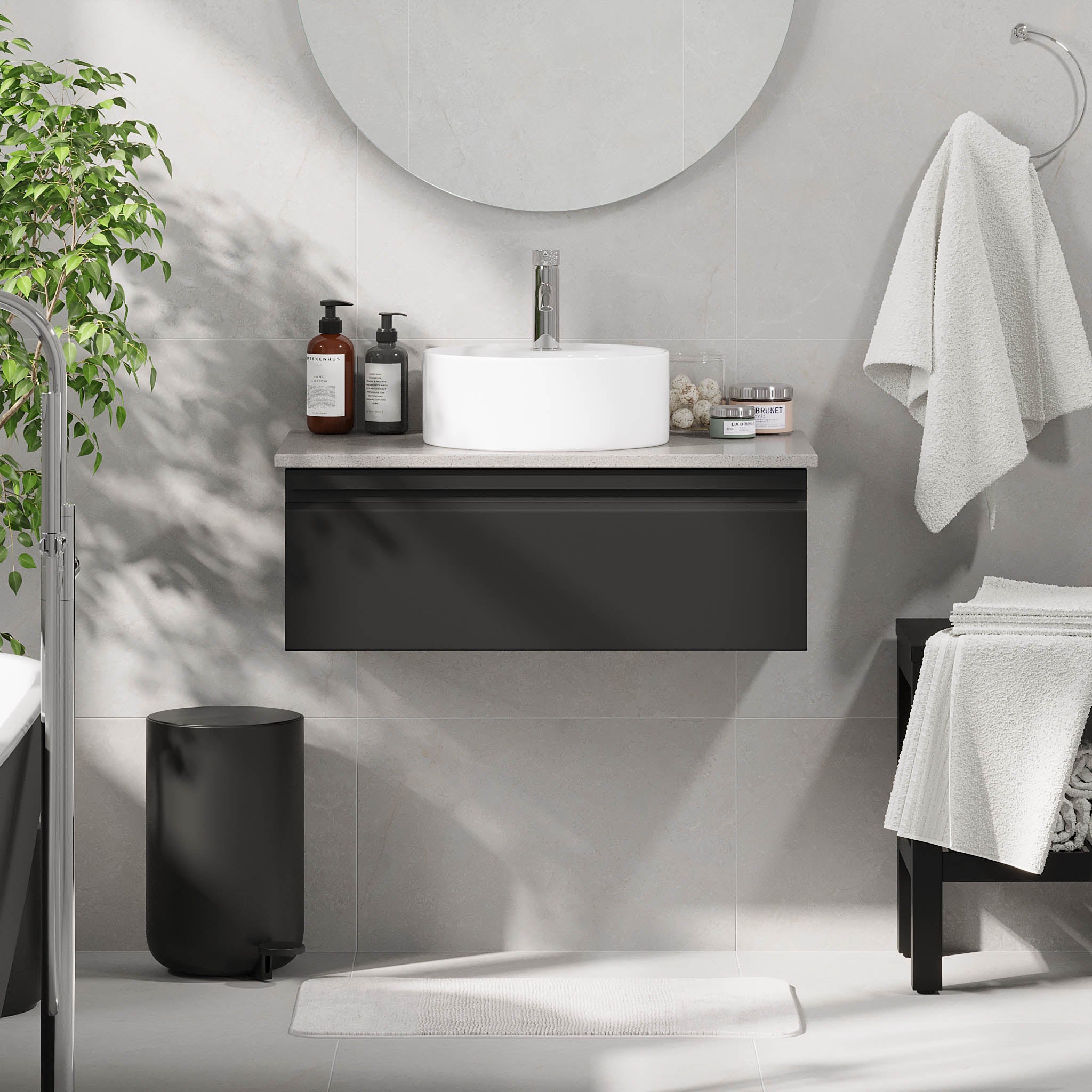 Mirage Badrumsmöbler med grå bänkskiva, Mattsvart