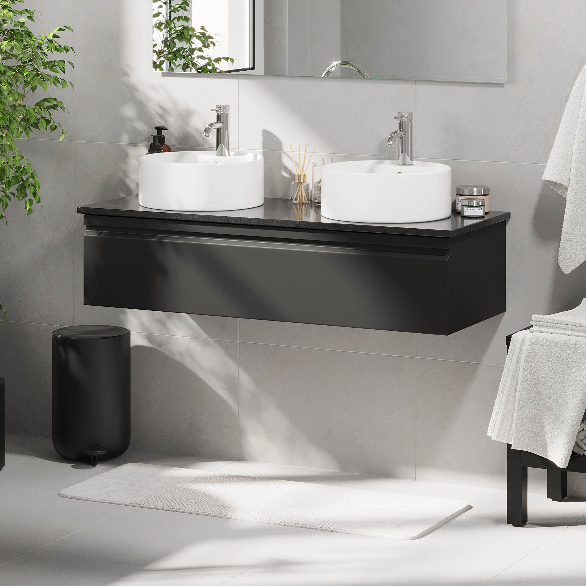 Mirage Bathroom furniture with black countertop, Matt Black