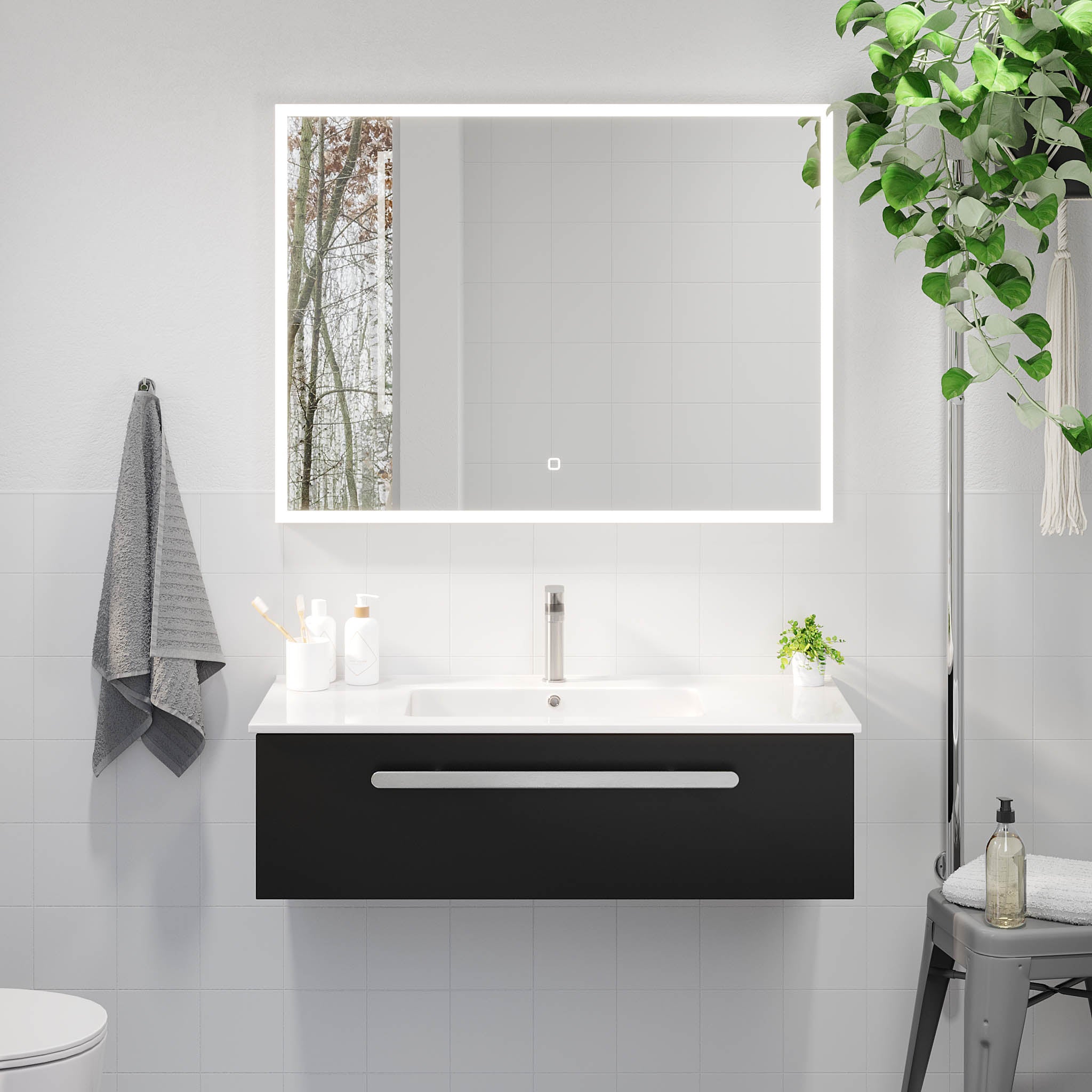Bathroom furniture with classic front - 100x46x29 cm - matt black - ceramic basin - satin handle - Colina