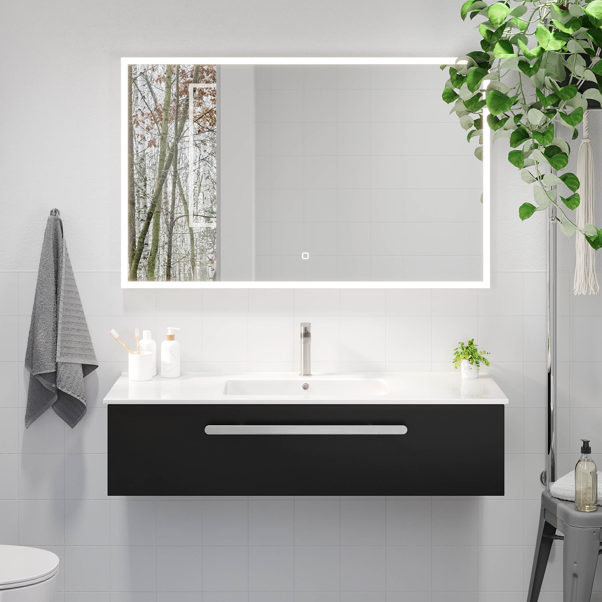 Bathroom furniture with classic front - 100x46x29 cm - matt black - ceramic basin - satin handle - Colina