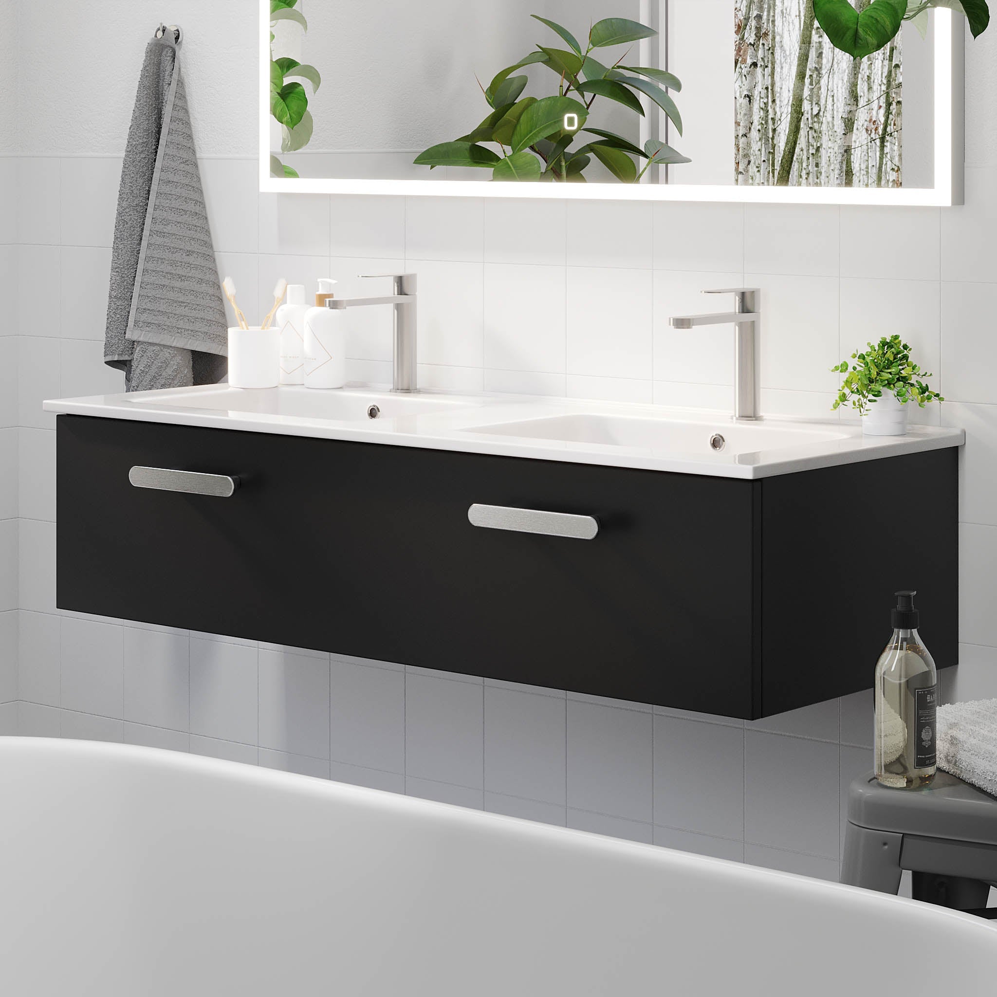 Bathroom furniture with classic front - 100x46x29 cm - matt black - ceramic basin - satin handle - Colina