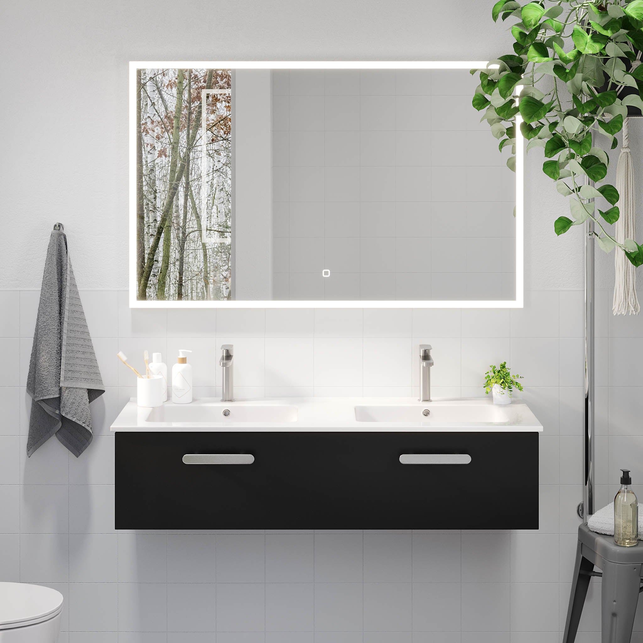 Bathroom furniture with classic front - 100x46x29 cm - matt black - ceramic basin - satin handle - Colina