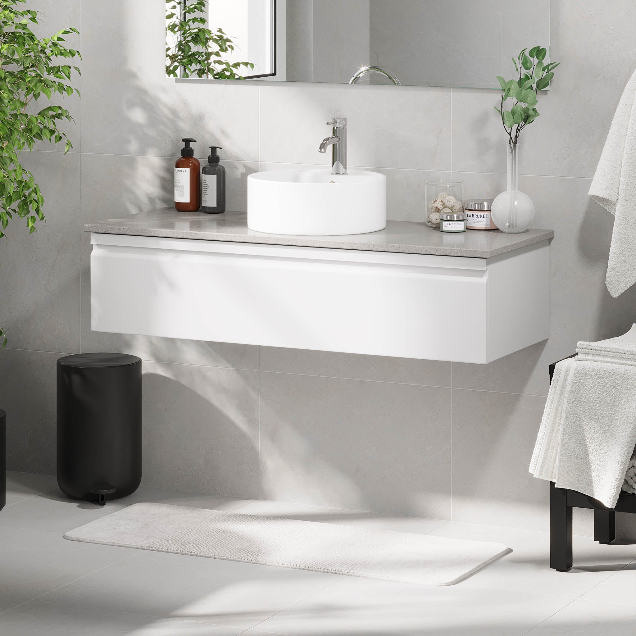 Mirage Bathroom furniture with grey countertop, Matt White