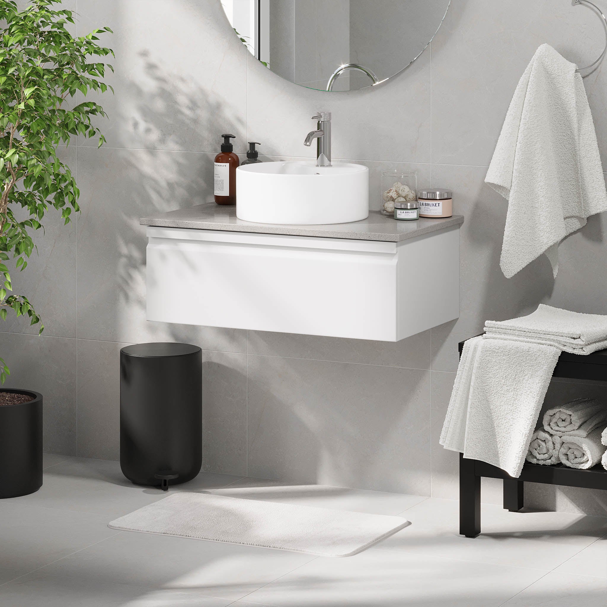 Mirage Bathroom furniture with grey countertop, Matt White