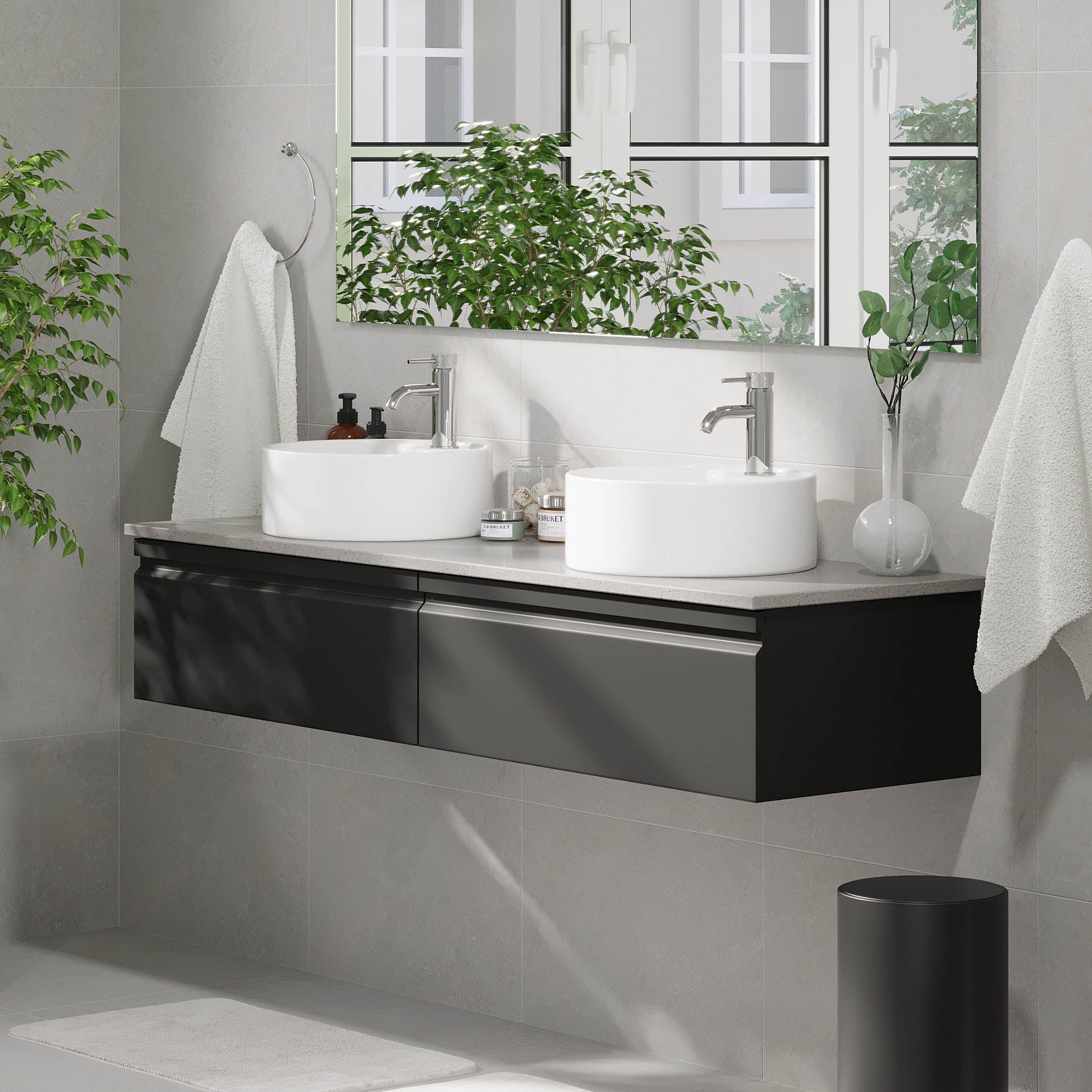 Mirage Badrumsmöbler med grå bänkskiva, Mattsvart