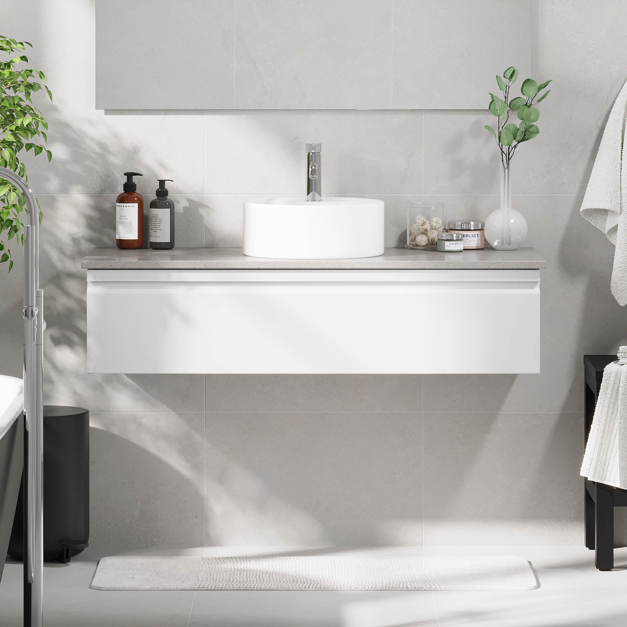 Mirage Bathroom furniture with grey countertop, Matt White