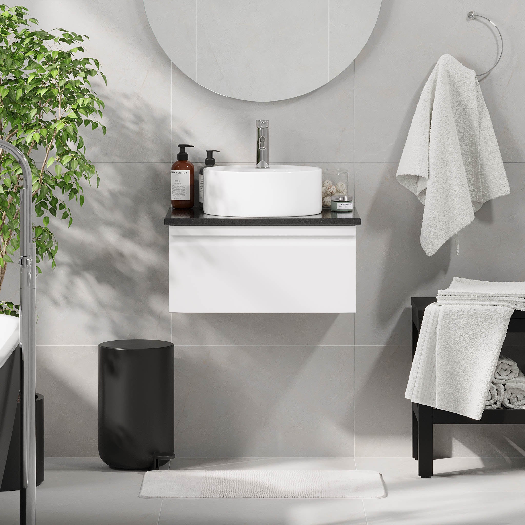 Mirage Badrumsmöbler med svart bänkskiva, Mattvit