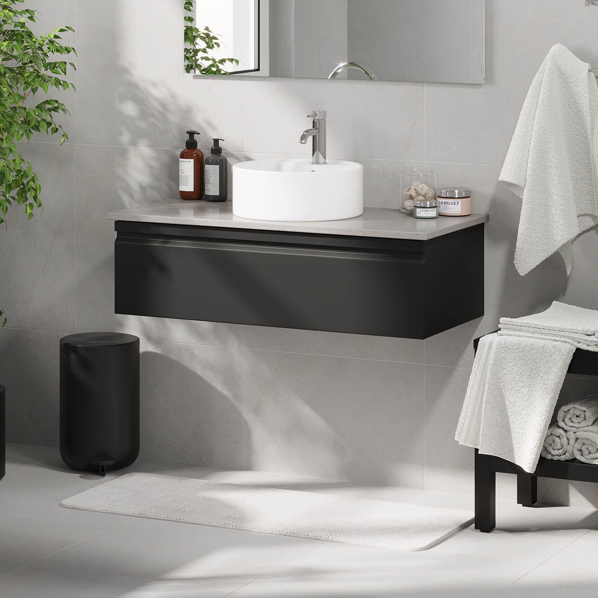Mirage Badrumsmöbler med grå bänkskiva, Mattsvart