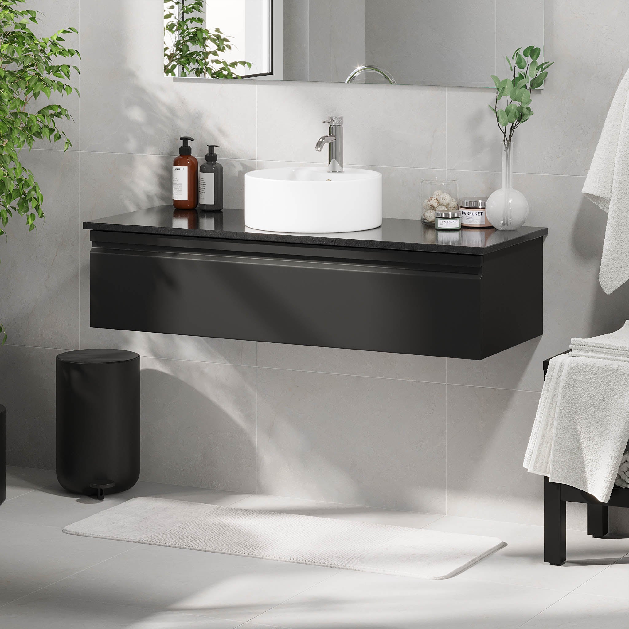 Mirage Bathroom furniture with black countertop, Matt Black