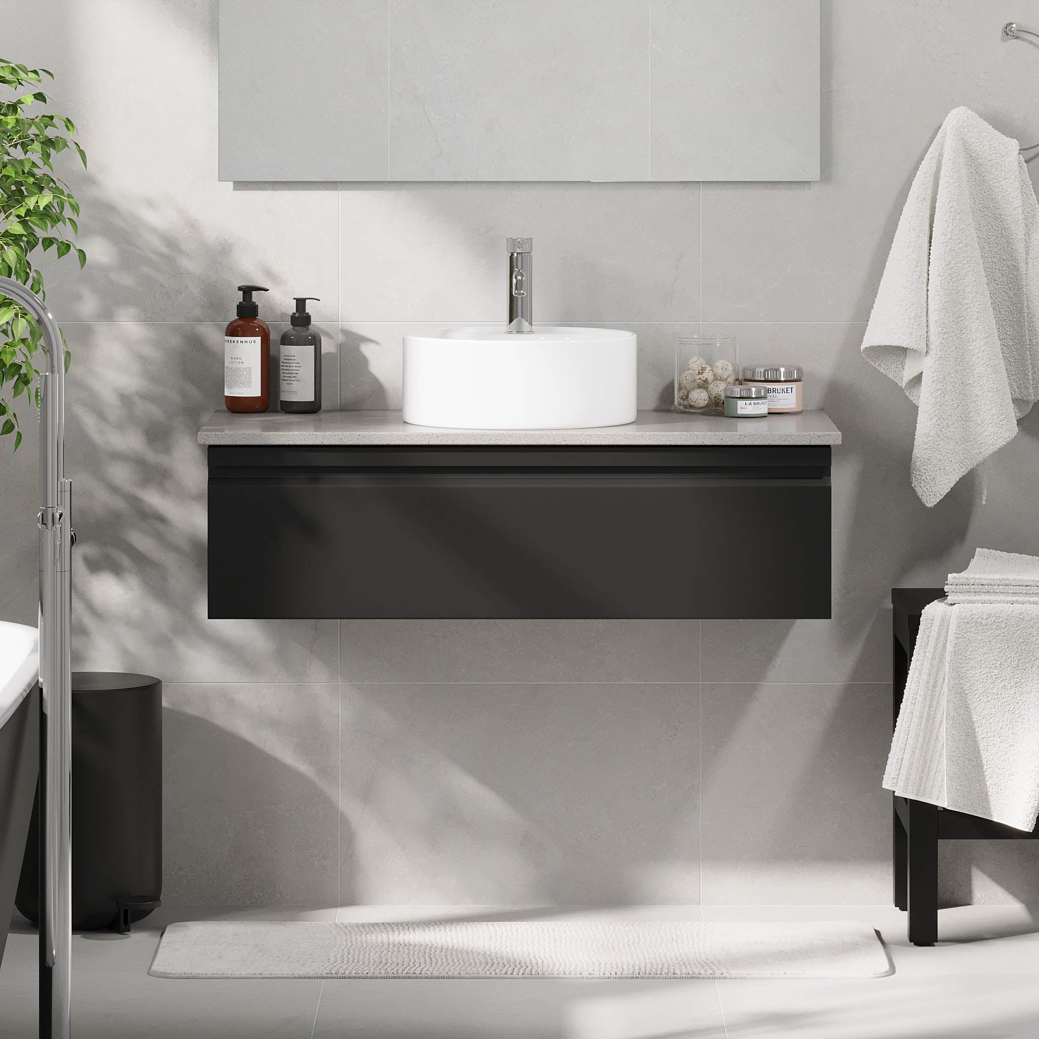 Mirage Badrumsmöbler med grå bänkskiva, Mattsvart