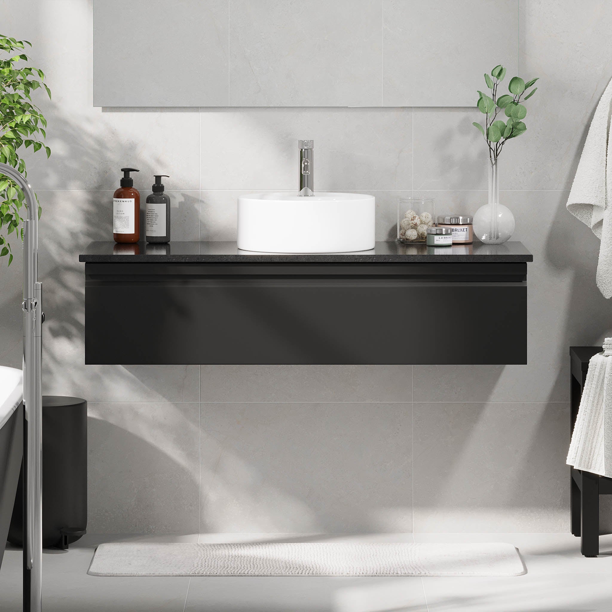 Mirage Bathroom furniture with black countertop, Matt Black