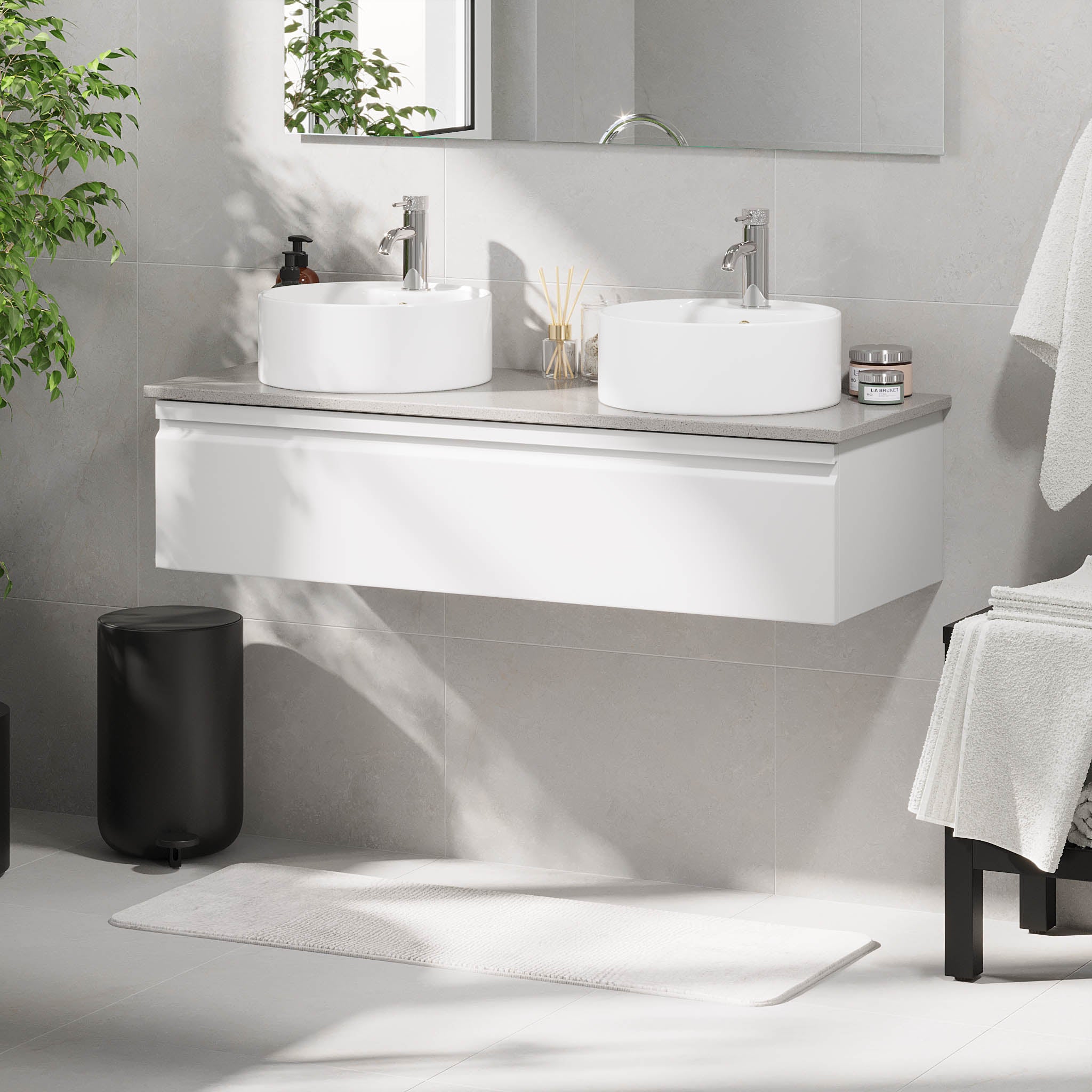 Mirage Bathroom furniture with grey countertop, Matt White