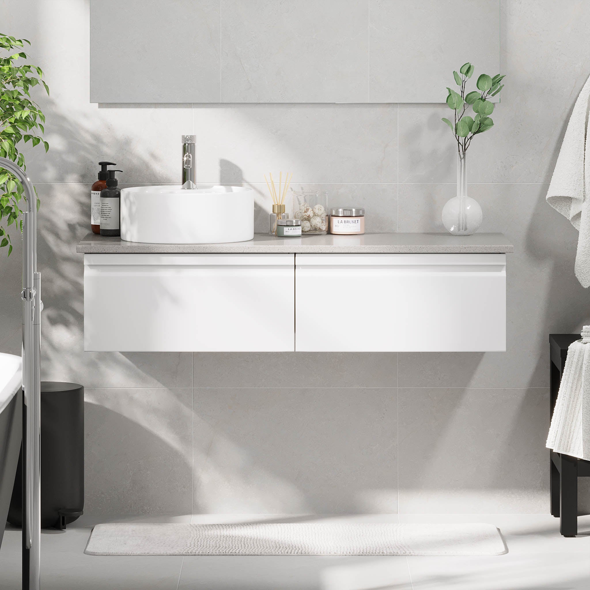 Mirage Bathroom furniture with grey countertop, Matt White
