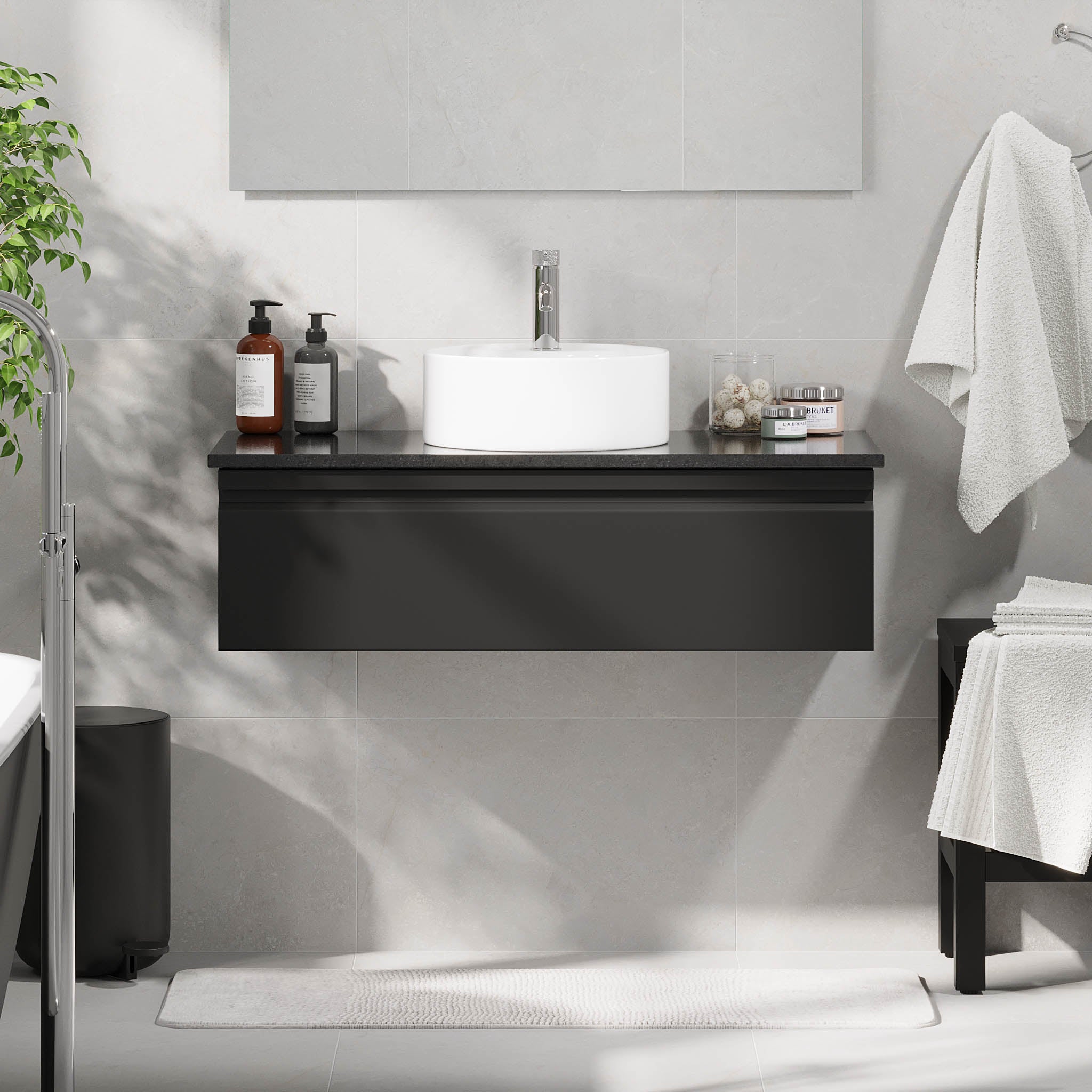 Mirage Bathroom furniture with black countertop, Matt Black