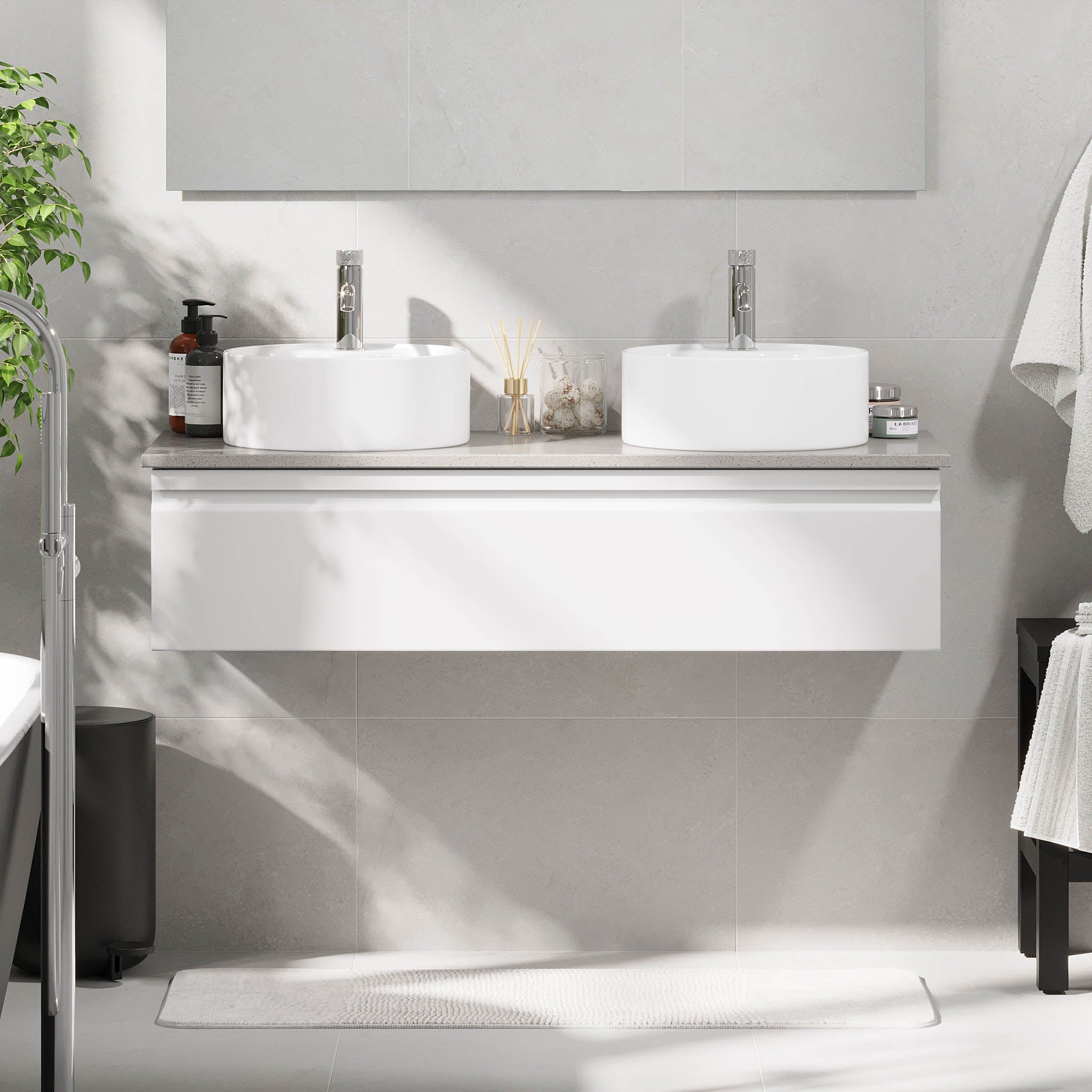 Mirage Bathroom furniture with grey countertop, Matt White