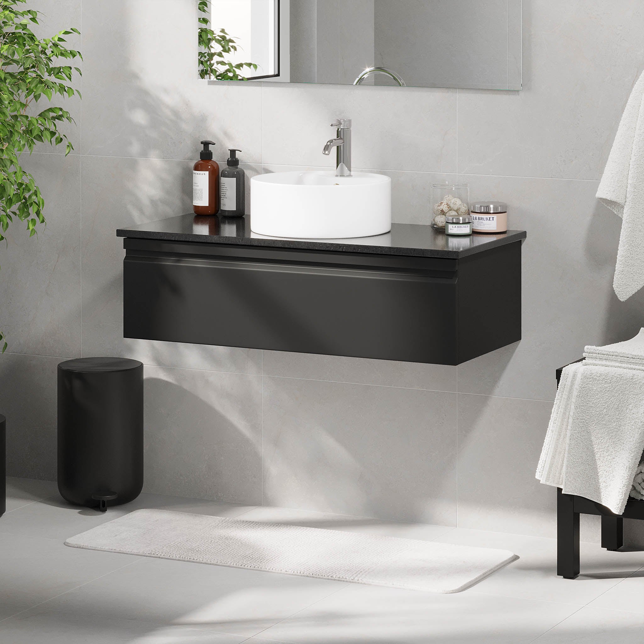 Mirage Bathroom furniture with black countertop, Matt Black