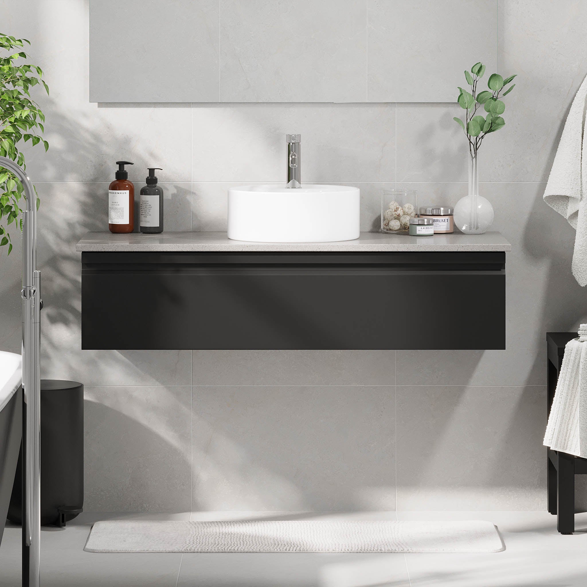 Mirage Badrumsmöbler med grå bänkskiva, Mattsvart