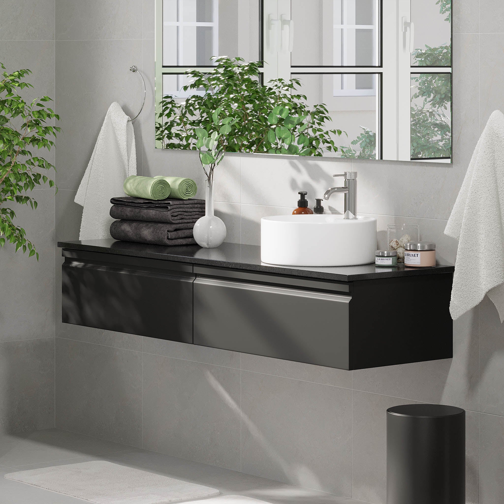 Mirage Bathroom furniture with black countertop, Matt Black