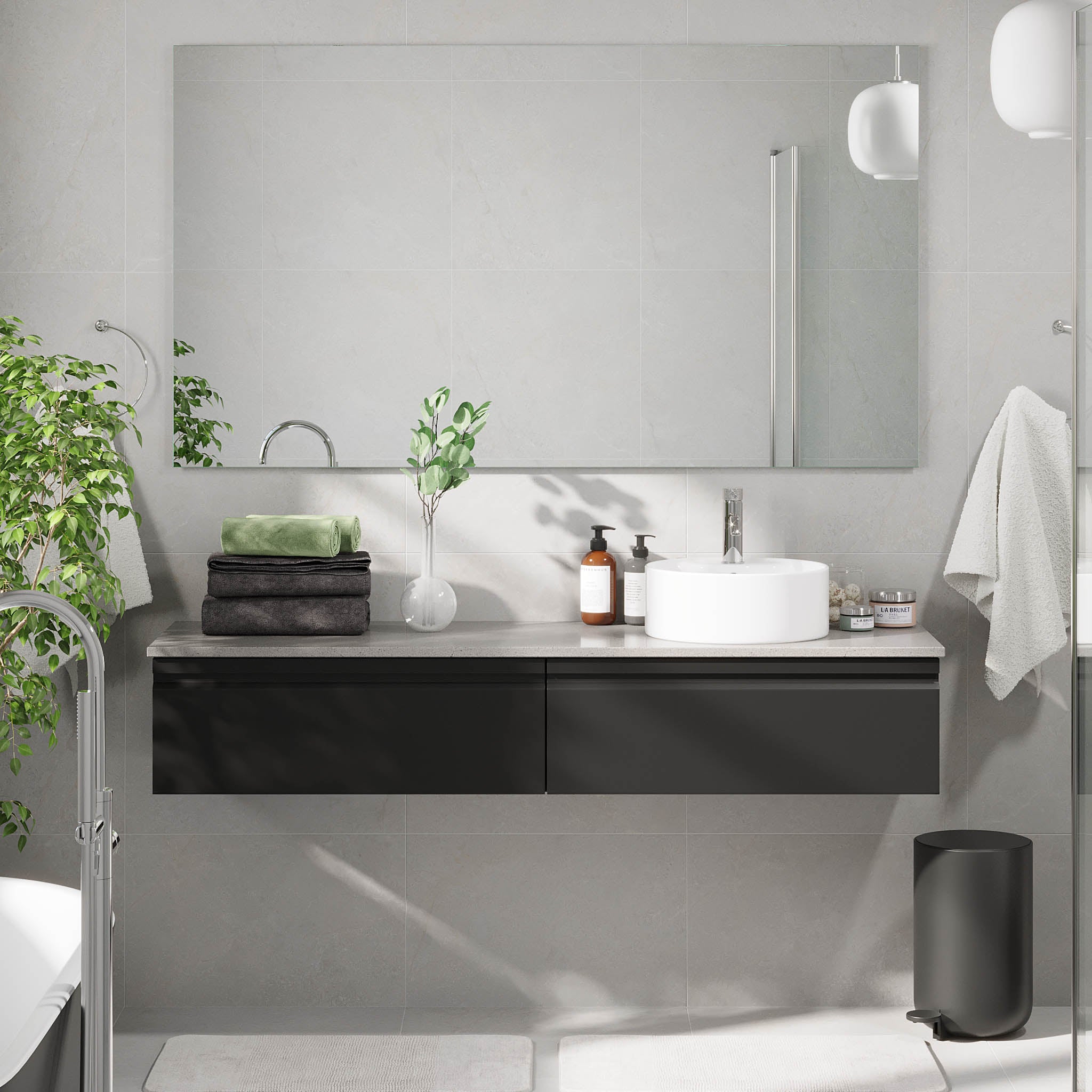 Mirage Badrumsmöbler med grå bänkskiva, Mattsvart