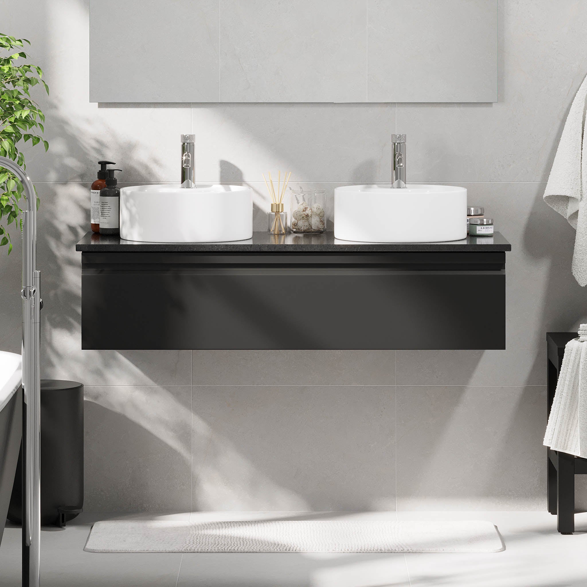 Mirage Bathroom furniture with black countertop, Matt Black