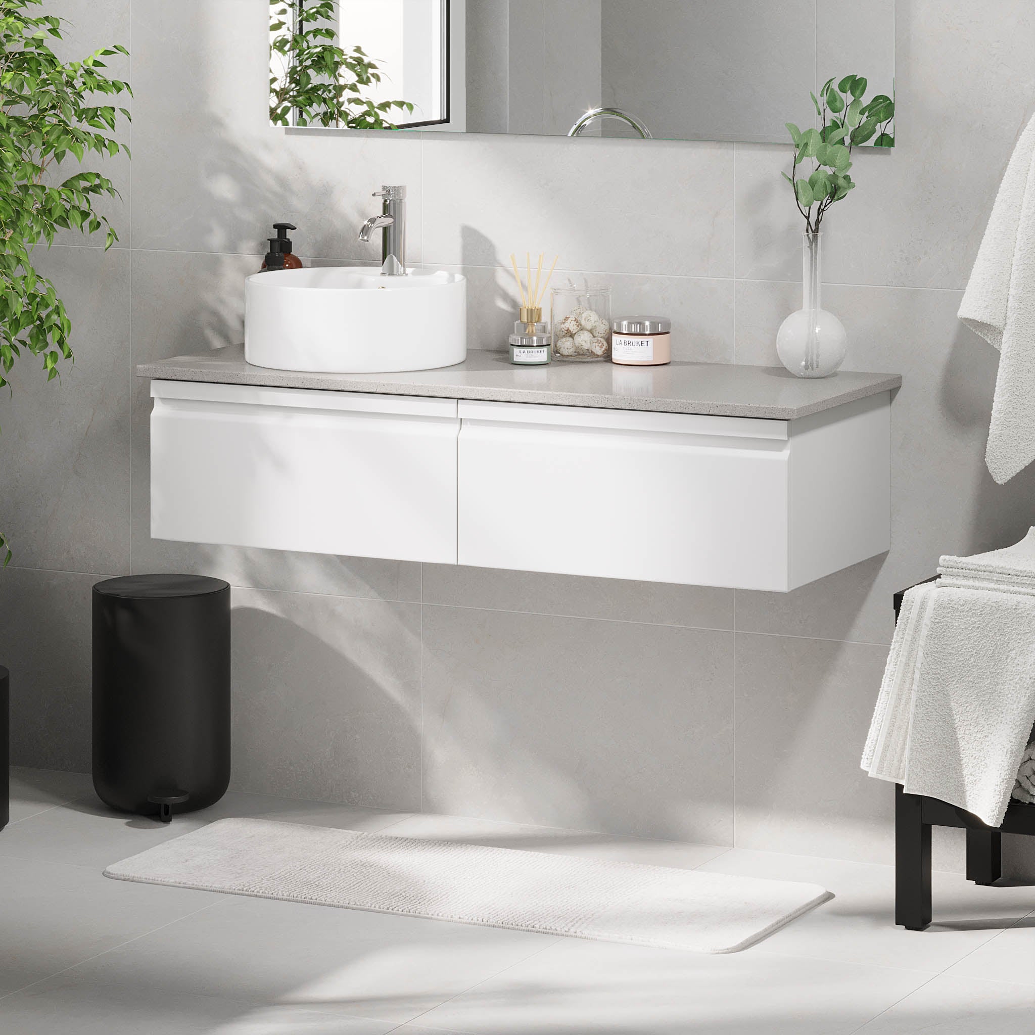 Mirage Bathroom furniture with grey countertop, Matt White