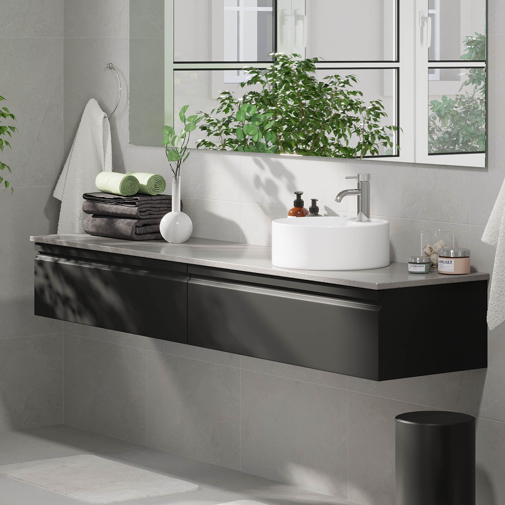 Mirage Badrumsmöbler med grå bänkskiva, Mattsvart