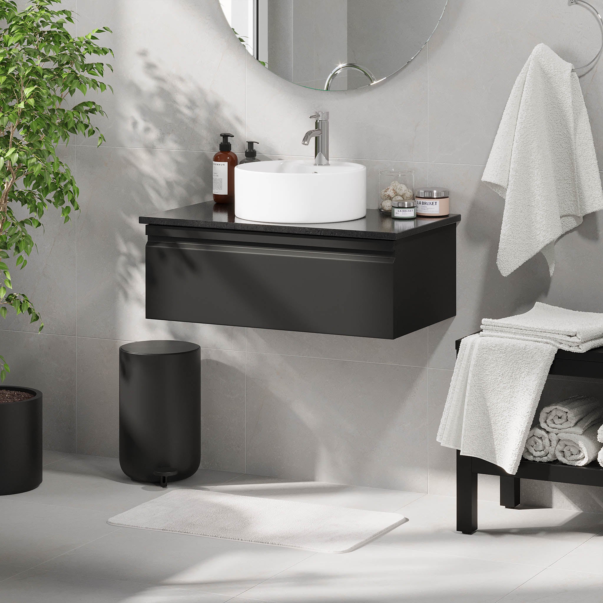 Mirage Badrumsmöbler med svart bänkskiva, Mattsvart