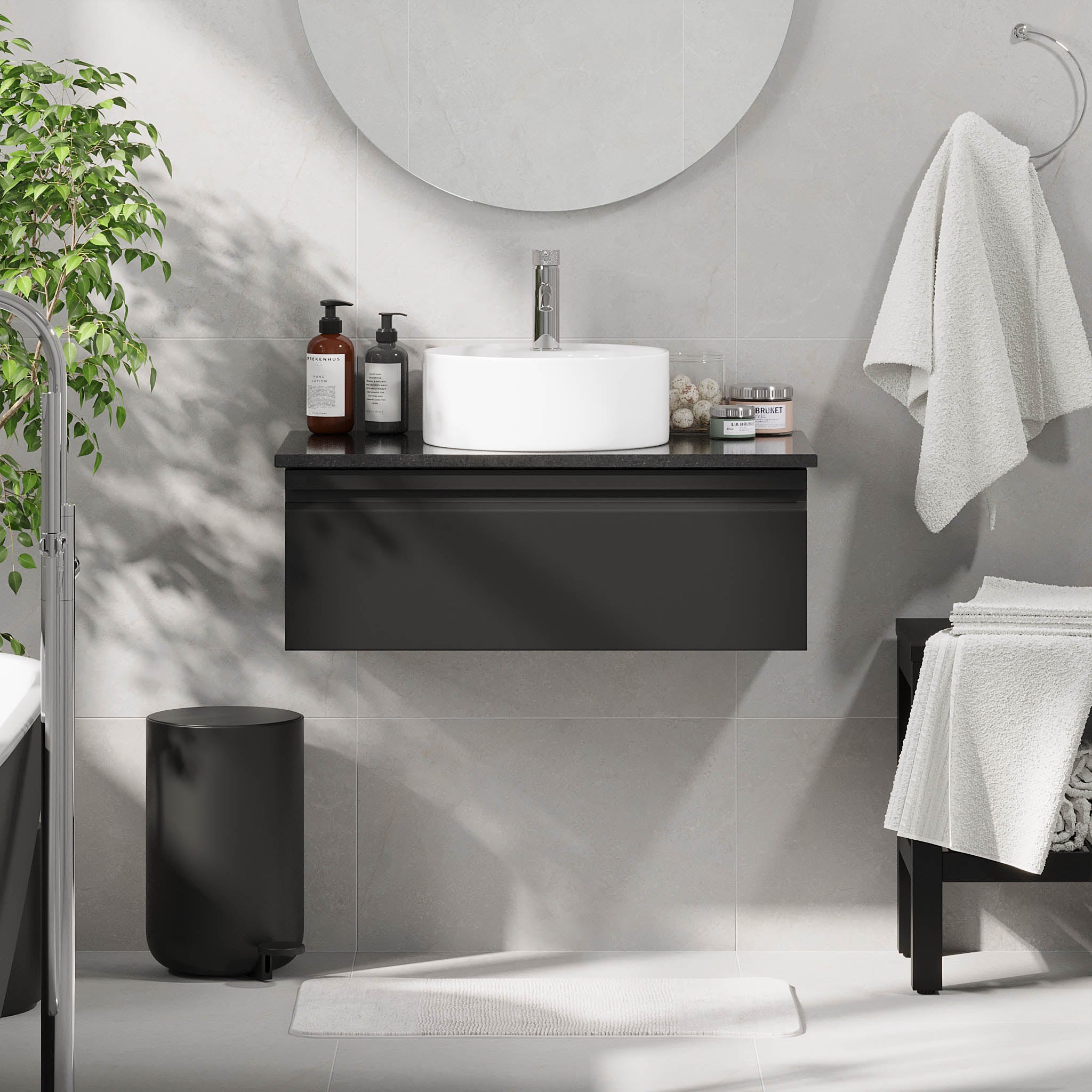 Mirage Badrumsmöbler med svart bänkskiva, Mattsvart