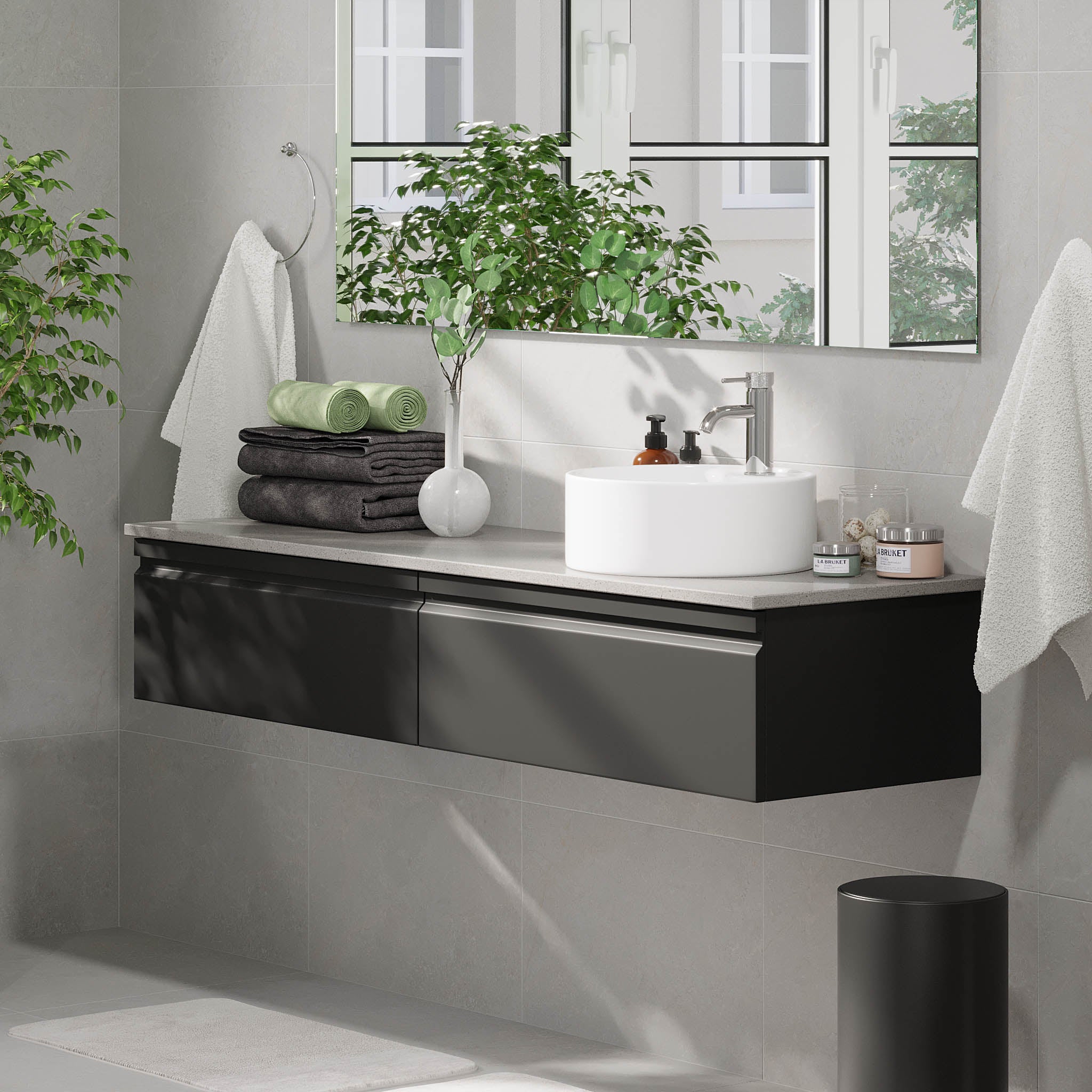 Mirage Badrumsmöbler med grå bänkskiva, Mattsvart
