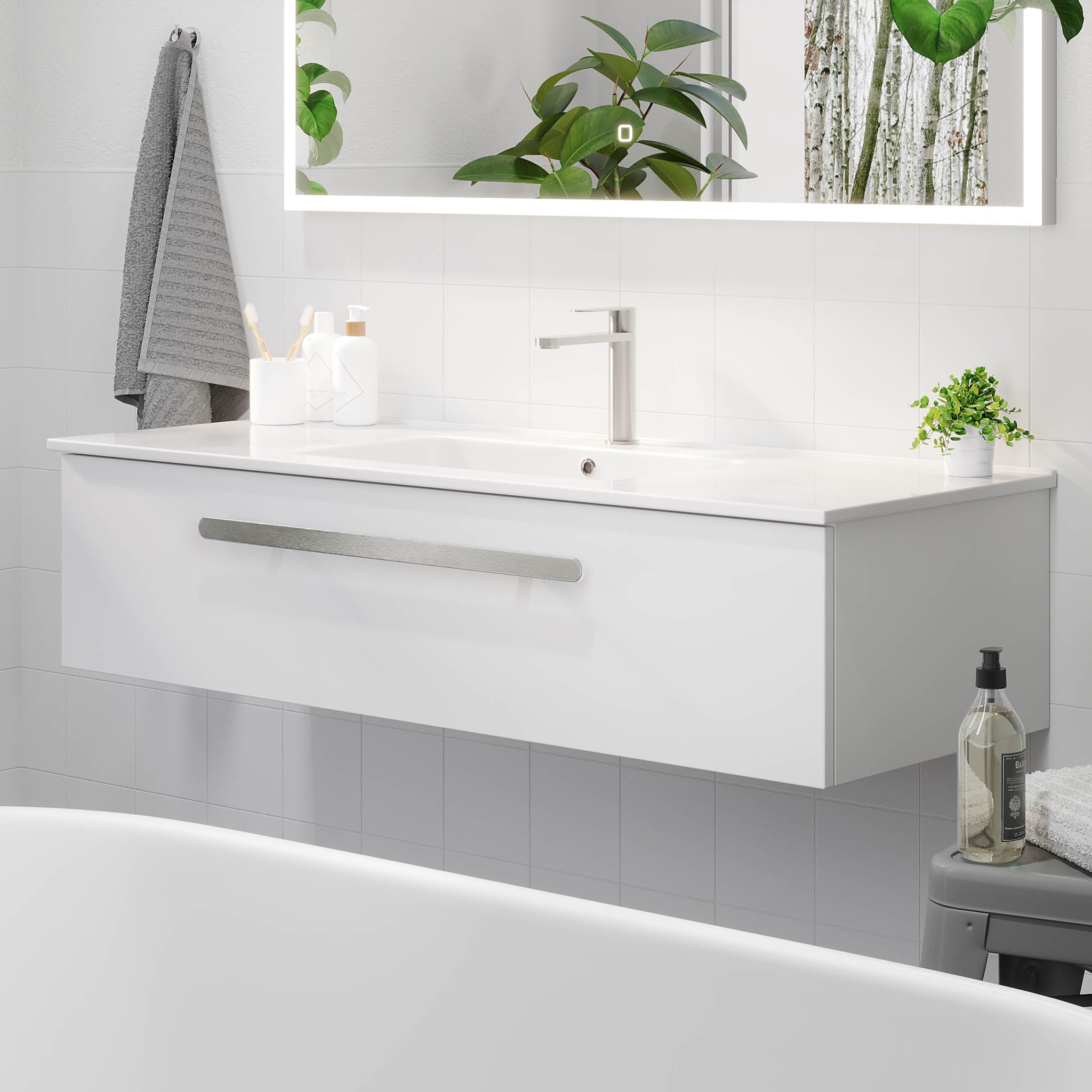 Bathroom furniture with classic front - 80x46x29 cm - matt white - ceramic basin - satin handle - Colina