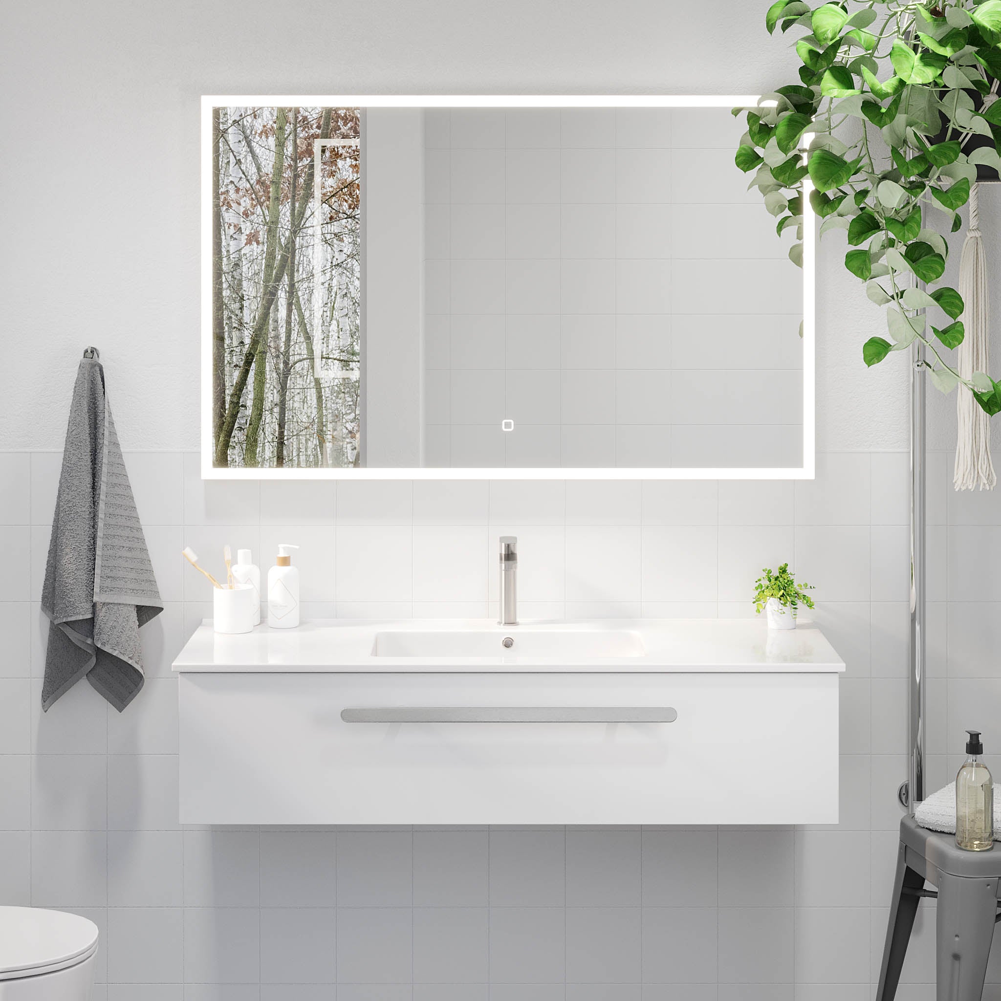 Bathroom furniture with classic front - 100x46x29 cm - matt white - ceramic basin - satin handle - Colina