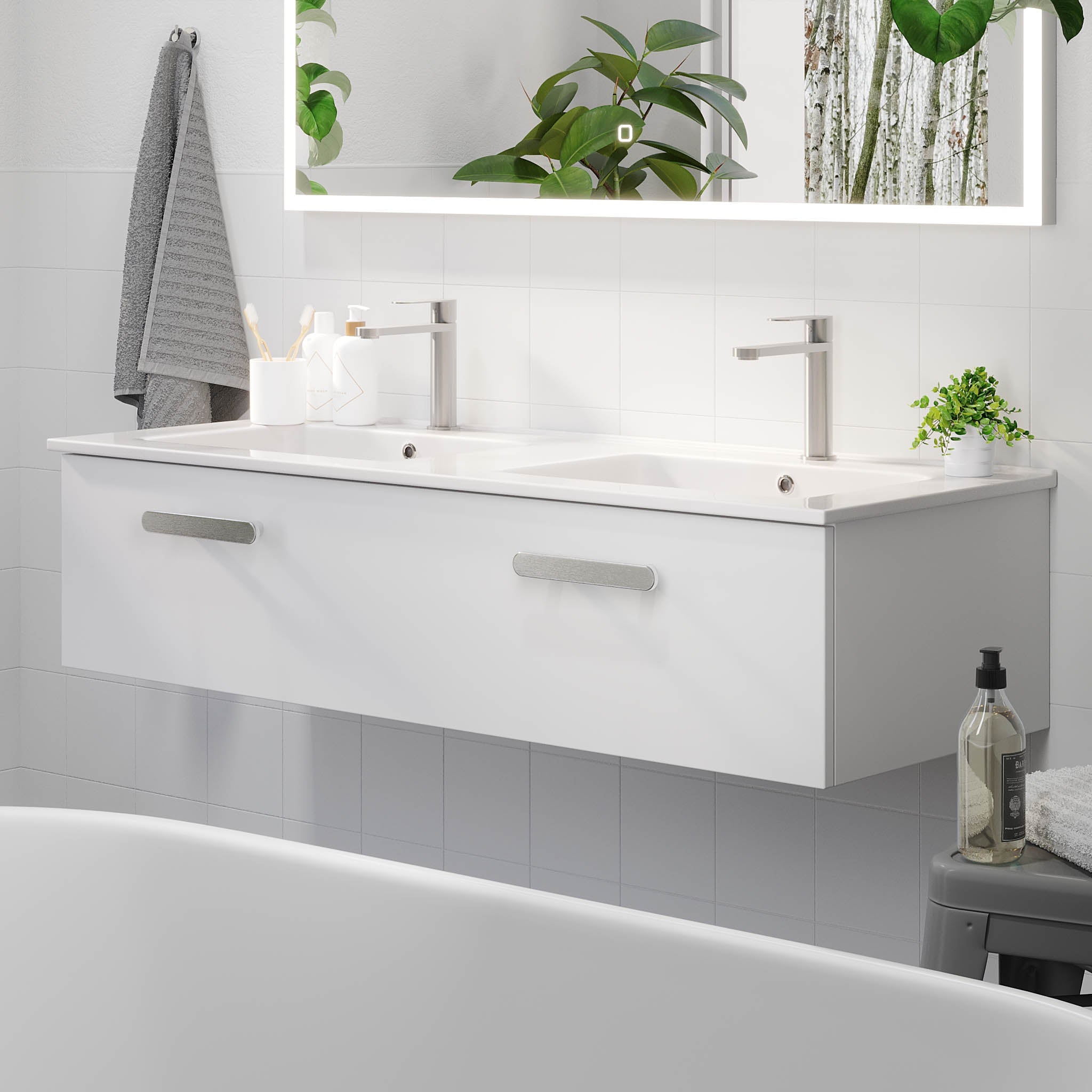 Bathroom furniture with classic front - 100x46x29 cm - matt white - ceramic basin - satin handle - Colina