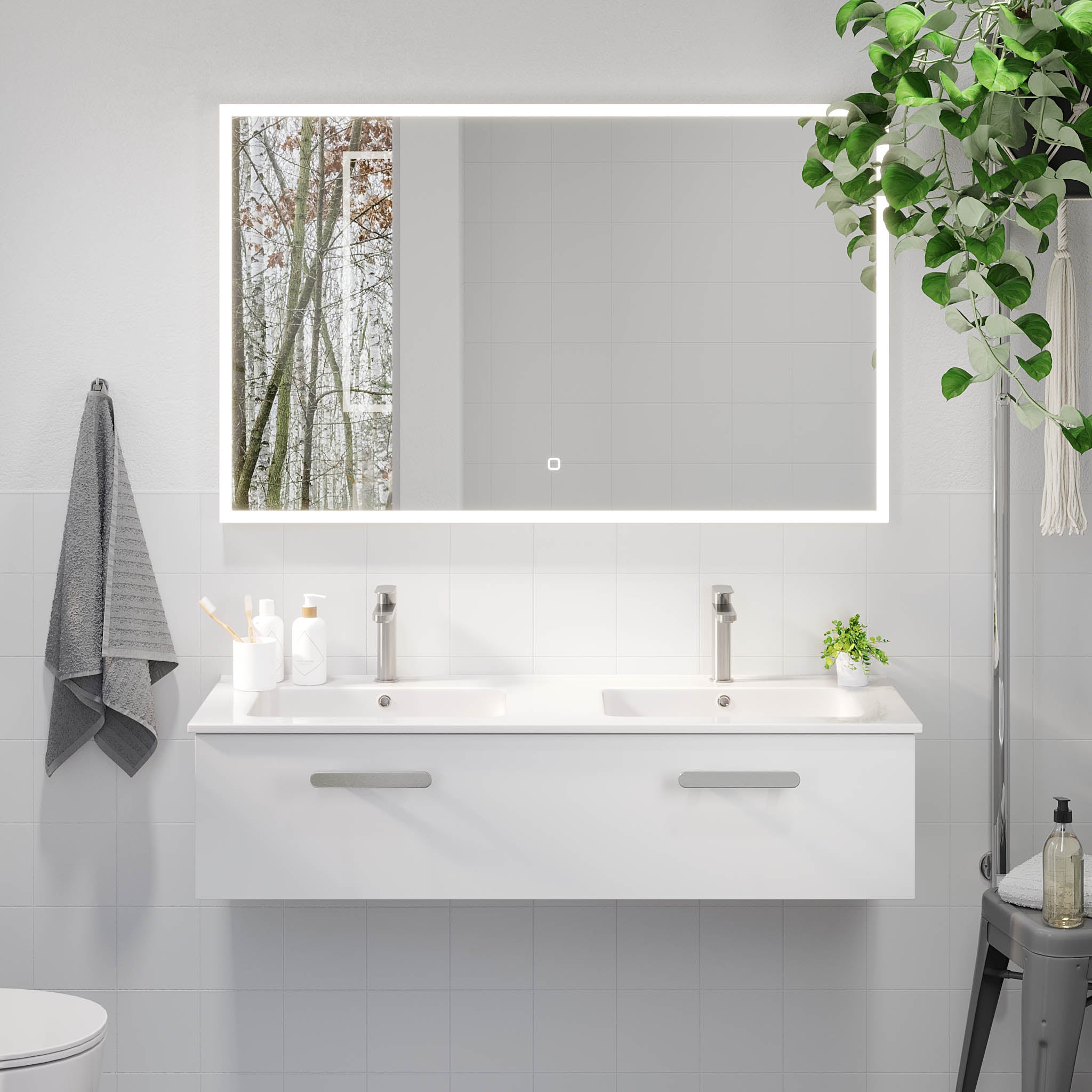 Bathroom furniture with classic front - 100x46x29 cm - matt white - ceramic basin - satin handle - Colina